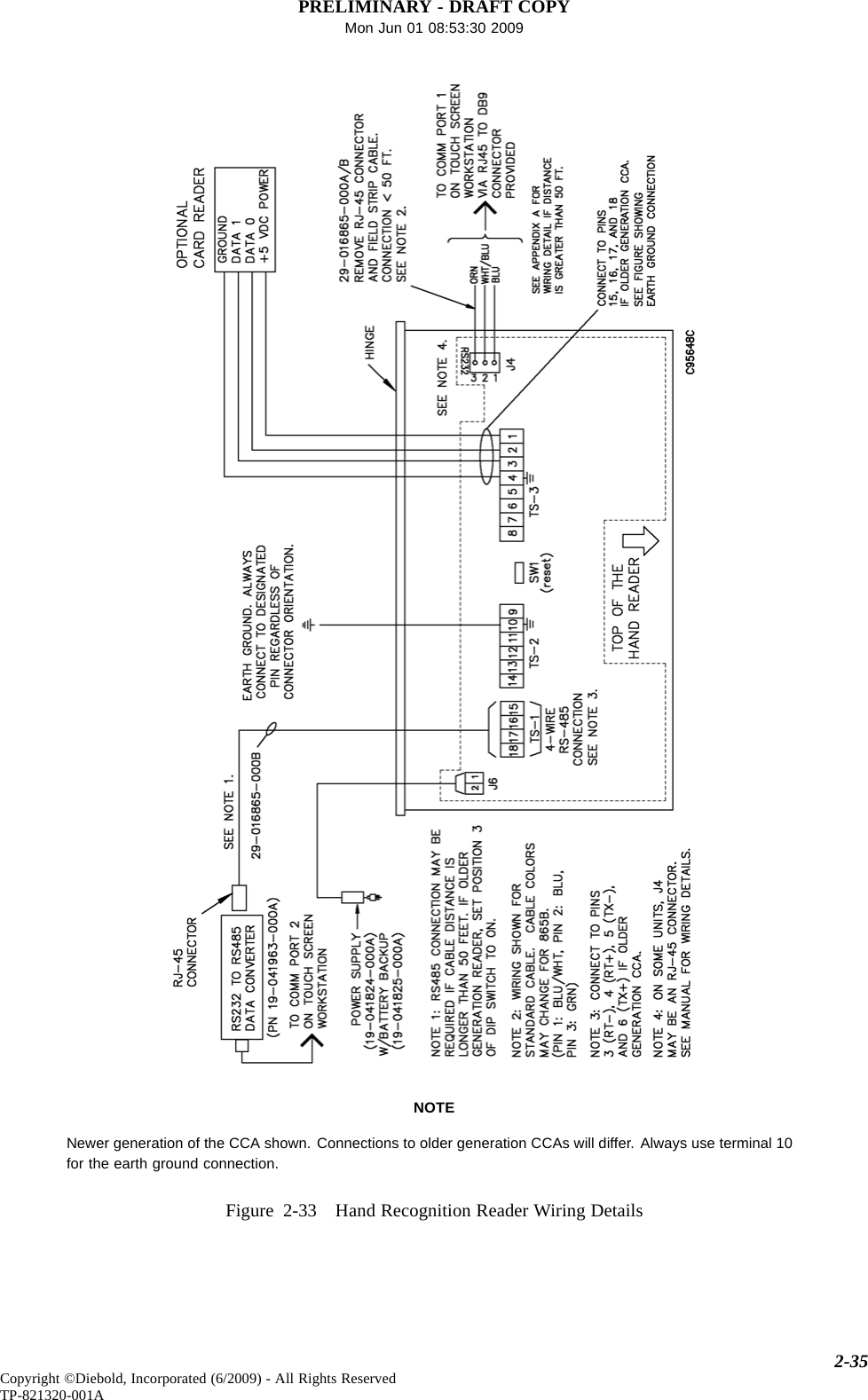 PRELIMINARY - DRAFT COPYMon Jun 01 08:53:30 2009NOTENewer generation of the CCA shown. Connections to older generation CCAs will differ. Always use terminal 10for the earth ground connection.Figure 2-33 Hand Recognition Reader Wiring Details2-35Copyright ©Diebold, Incorporated (6/2009) - All Rights ReservedTP-821320-001A