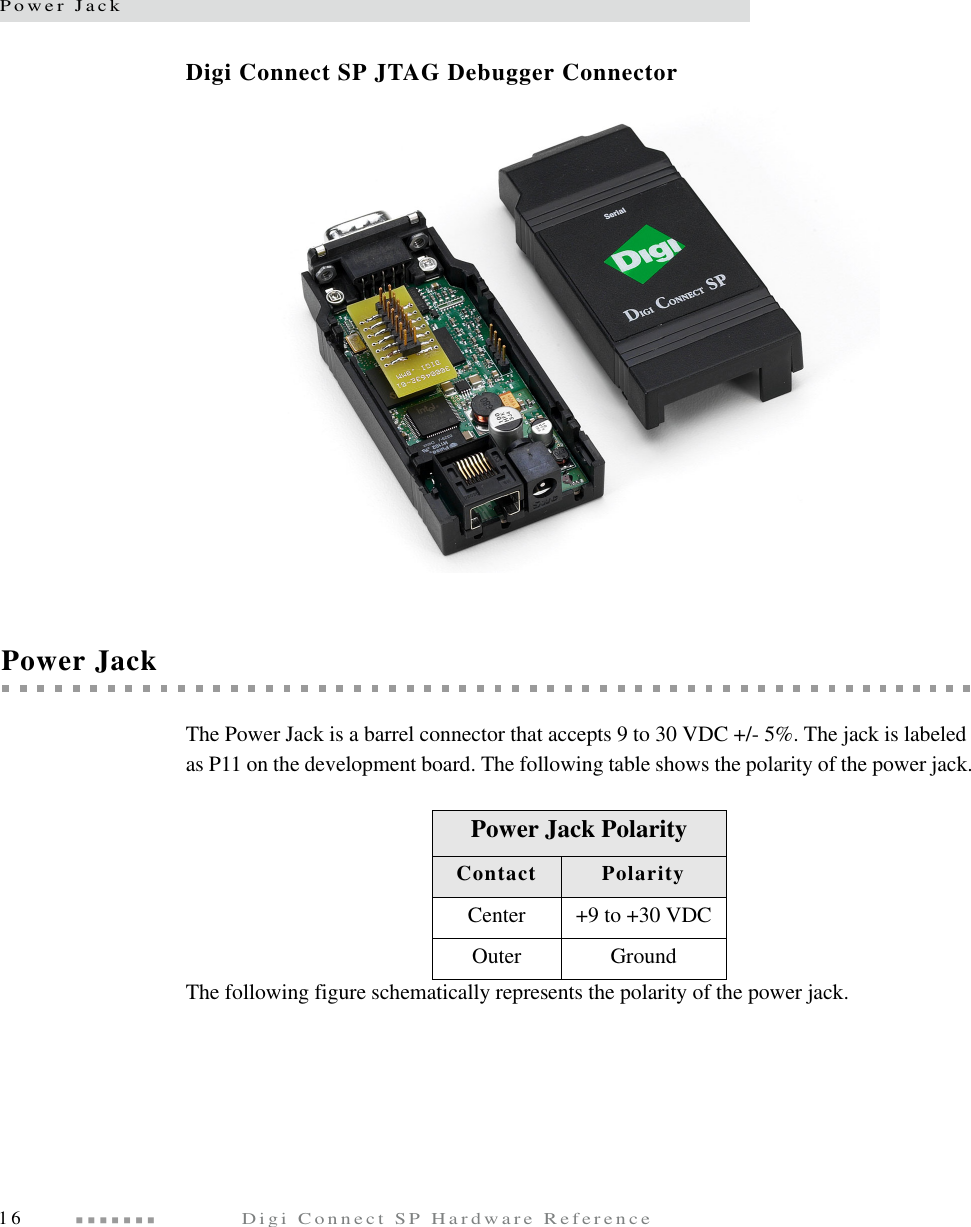Power Jack16  Digi Connect SP Hardware ReferenceDigi Connect SP JTAG Debugger ConnectorPower JackThe Power Jack is a barrel connector that accepts 9 to 30 VDC +/- 5%. The jack is labeled as P11 on the development board. The following table shows the polarity of the power jack.The following figure schematically represents the polarity of the power jack.Power Jack PolarityContact PolarityCenter +9 to +30 VDCOuter Ground