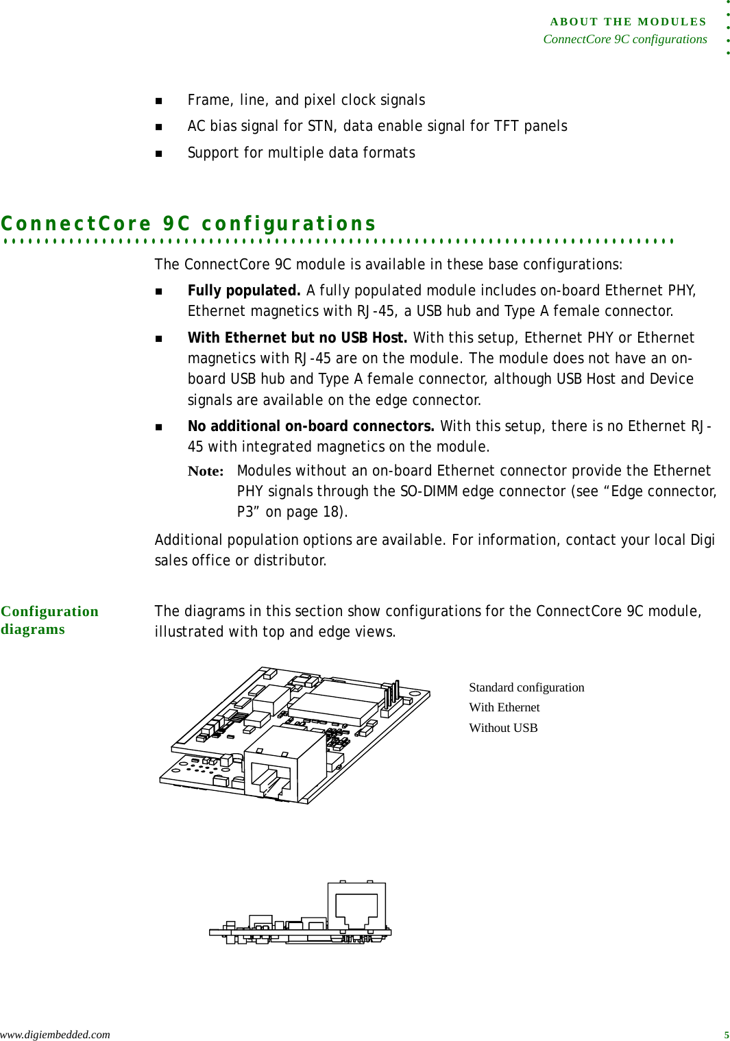 . . . . .ABOUT THE MODULESConnectCore 9C configurationswww.digiembedded.com 5Frame, line, and pixel clock signalsAC bias signal for STN, data enable signal for TFT panelsSupport for multiple data formats. . . . . . . . . . . . . . . . . . . . . . . . . . . . . . . . . . . . . . . . . . . . . . . . . . . . . . . . . . . . . . . . . . . . . . . . . . . . . . . . . .ConnectCore 9C configurationsThe ConnectCore 9C module is available in these base configurations: Fully populated. A fully populated module includes on-board Ethernet PHY, Ethernet magnetics with RJ-45, a USB hub and Type A female connector.With Ethernet but no USB Host. With this setup, Ethernet PHY or Ethernet magnetics with RJ-45 are on the module. The module does not have an on-board USB hub and Type A female connector, although USB Host and Device signals are available on the edge connector.No additional on-board connectors. With this setup, there is no Ethernet RJ-45 with integrated magnetics on the module.Note:Modules without an on-board Ethernet connector provide the Ethernet PHY signals through the SO-DIMM edge connector (see “Edge connector, P3” on page 18).Additional population options are available. For information, contact your local Digi sales office or distributor.Configuration diagrams The diagrams in this section show configurations for the ConnectCore 9C module, illustrated with top and edge views.Standard configurationWith EthernetWithout USB