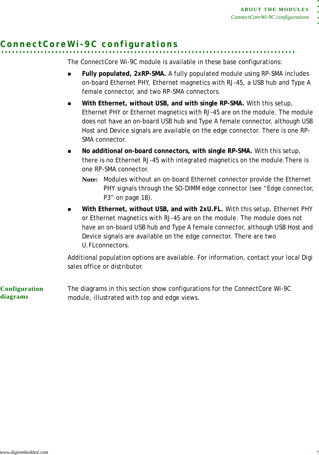 . . . . .ABOUT THE MODULESConnectCoreWi-9C configurationswww.digiembedded.com 7. . . . . . . . . . . . . . . . . . . . . . . . . . . . . . . . . . . . . . . . . . . . . . . . . . . . . . . . . . . . . . . . . . . . . . . . . . . . . . . . . .ConnectCoreWi-9C configurationsThe ConnectCore Wi-9C module is available in these base configurations: Fully populated, 2xRP-SMA. A fully populated module using RP-SMA includes on-board Ethernet PHY, Ethernet magnetics with RJ-45, a USB hub and Type A female connector, and two RP-SMA connectors.With Ethernet, without USB, and with single RP-SMA. With this setup, Ethernet PHY or Ethernet magnetics with RJ-45 are on the module. The module does not have an on-board USB hub and Type A female connector, although USB Host and Device signals are available on the edge connector. There is one RP-SMA connector.No additional on-board connectors, with single RP-SMA. With this setup, there is no Ethernet RJ-45 with integrated magnetics on the module.There is one RP-SMA connector.Note:Modules without an on-board Ethernet connector provide the Ethernet PHY signals through the SO-DIMM edge connector (see “Edge connector, P3” on page 18).With Ethernet, without USB, and with 2xU.FL. With this setup, Ethernet PHY or Ethernet magnetics with RJ-45 are on the module. The module does not have an on-board USB hub and Type A female connector, although USB Host and Device signals are available on the edge connector. There are two U.FLconnectors.Additional population options are available. For information, contact your local Digi sales office or distributor.Configuration diagrams The diagrams in this section show configurations for the ConnectCore Wi-9C module, illustrated with top and edge views. 