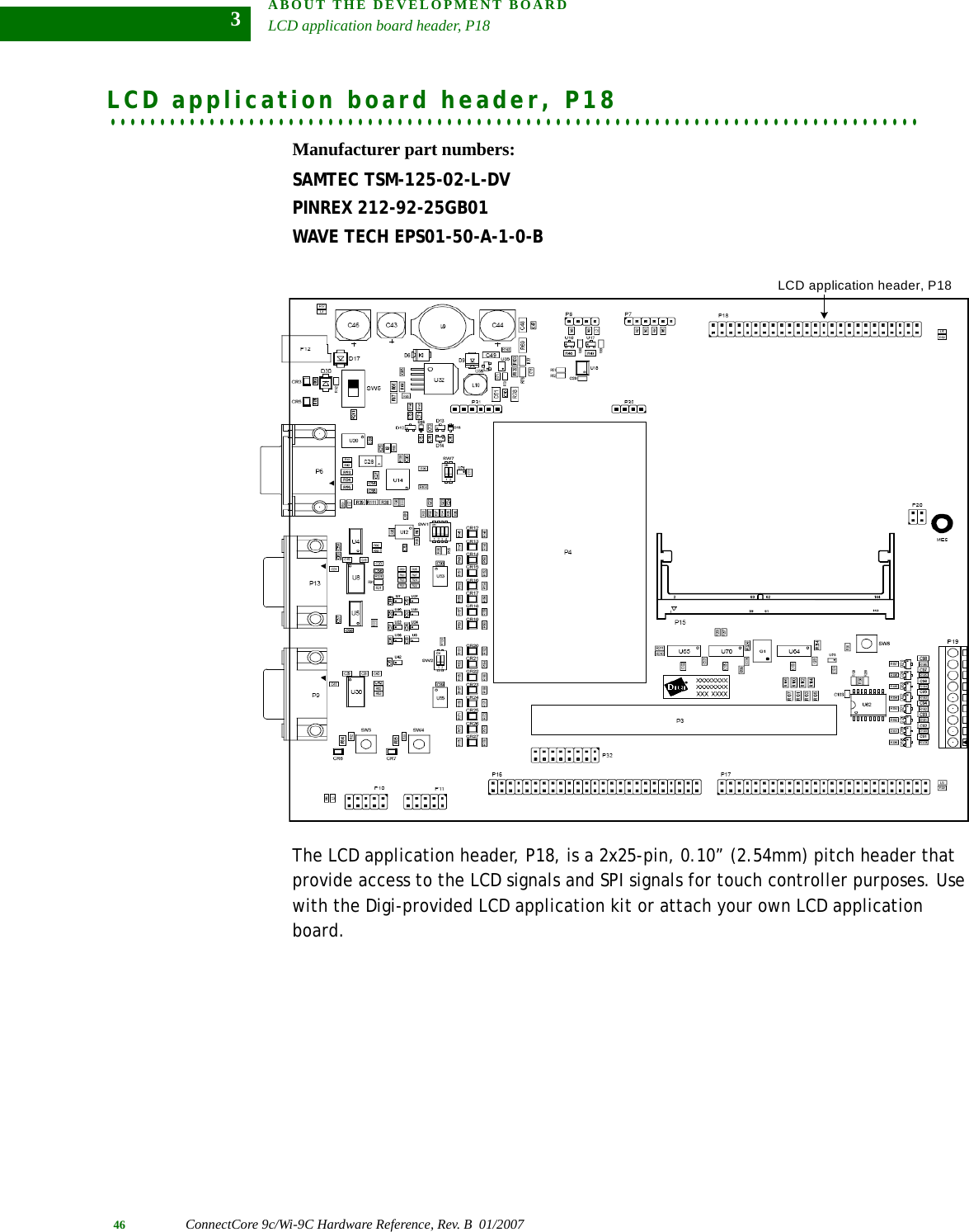 ABOUT THE DEVELOPMENT BOARDLCD application board header, P1846 ConnectCore 9c/Wi-9C Hardware Reference, Rev. B  01/20073. . . . . . . . . . . . . . . . . . . . . . . . . . . . . . . . . . . . . . . . . . . . . . . . . . . . . . . . . . . . . . . . . . . . . . . . . . . . . . . . . .LCD application board header, P18Manufacturer part numbers: SAMTEC TSM-125-02-L-DVPINREX 212-92-25GB01WAVE TECH EPS01-50-A-1-0-BThe LCD application header, P18, is a 2x25-pin, 0.10” (2.54mm) pitch header that provide access to the LCD signals and SPI signals for touch controller purposes. Use with the Digi-provided LCD application kit or attach your own LCD application board.LCD application header, P18