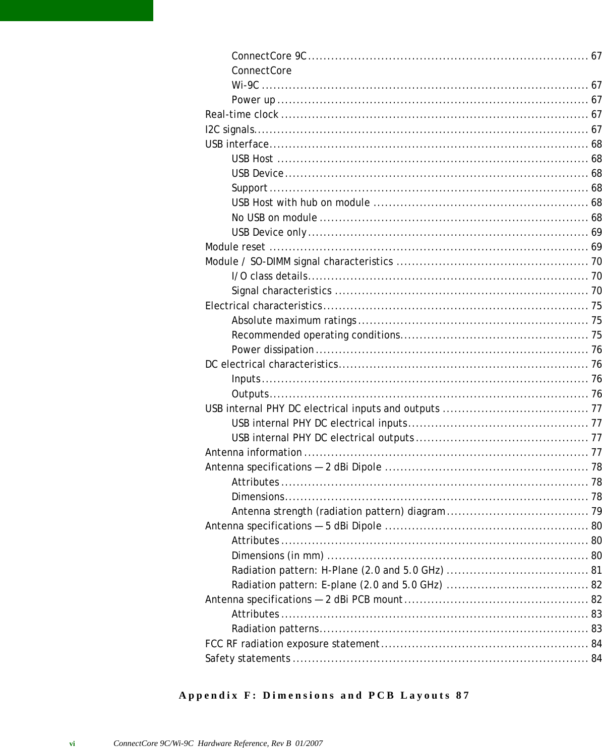 vi ConnectCore 9C/Wi-9C  Hardware Reference, Rev B  01/2007ConnectCore 9C.........................................................................67ConnectCoreWi-9C .....................................................................................67Power up.................................................................................67Real-time clock ................................................................................67I2C signals.......................................................................................67USB interface...................................................................................68USB Host .................................................................................68USB Device...............................................................................68Support...................................................................................68USB Host with hub on module ........................................................68No USB on module ......................................................................68USB Device only.........................................................................69Module reset ...................................................................................69Module / SO-DIMM signal characteristics ..................................................70I/O class details.........................................................................70Signal characteristics ..................................................................70Electrical characteristics.....................................................................75Absolute maximum ratings............................................................75Recommended operating conditions.................................................75Power dissipation.......................................................................76DC electrical characteristics.................................................................76Inputs.....................................................................................76Outputs...................................................................................76USB internal PHY DC electrical inputs and outputs ......................................77USB internal PHY DC electrical inputs...............................................77USB internal PHY DC electrical outputs.............................................77Antenna information ..........................................................................77Antenna specifications — 2 dBi Dipole .....................................................78Attributes ................................................................................78Dimensions...............................................................................78Antenna strength (radiation pattern) diagram.....................................79Antenna specifications — 5 dBi Dipole .....................................................80Attributes ................................................................................80Dimensions (in mm) ....................................................................80Radiation pattern: H-Plane (2.0 and 5.0 GHz) .....................................81Radiation pattern: E-plane (2.0 and 5.0 GHz) .....................................82Antenna specifications — 2 dBi PCB mount................................................82Attributes ................................................................................83Radiation patterns......................................................................83FCC RF radiation exposure statement......................................................84Safety statements .............................................................................84Appendix F: Dimensions and PCB Layouts 87