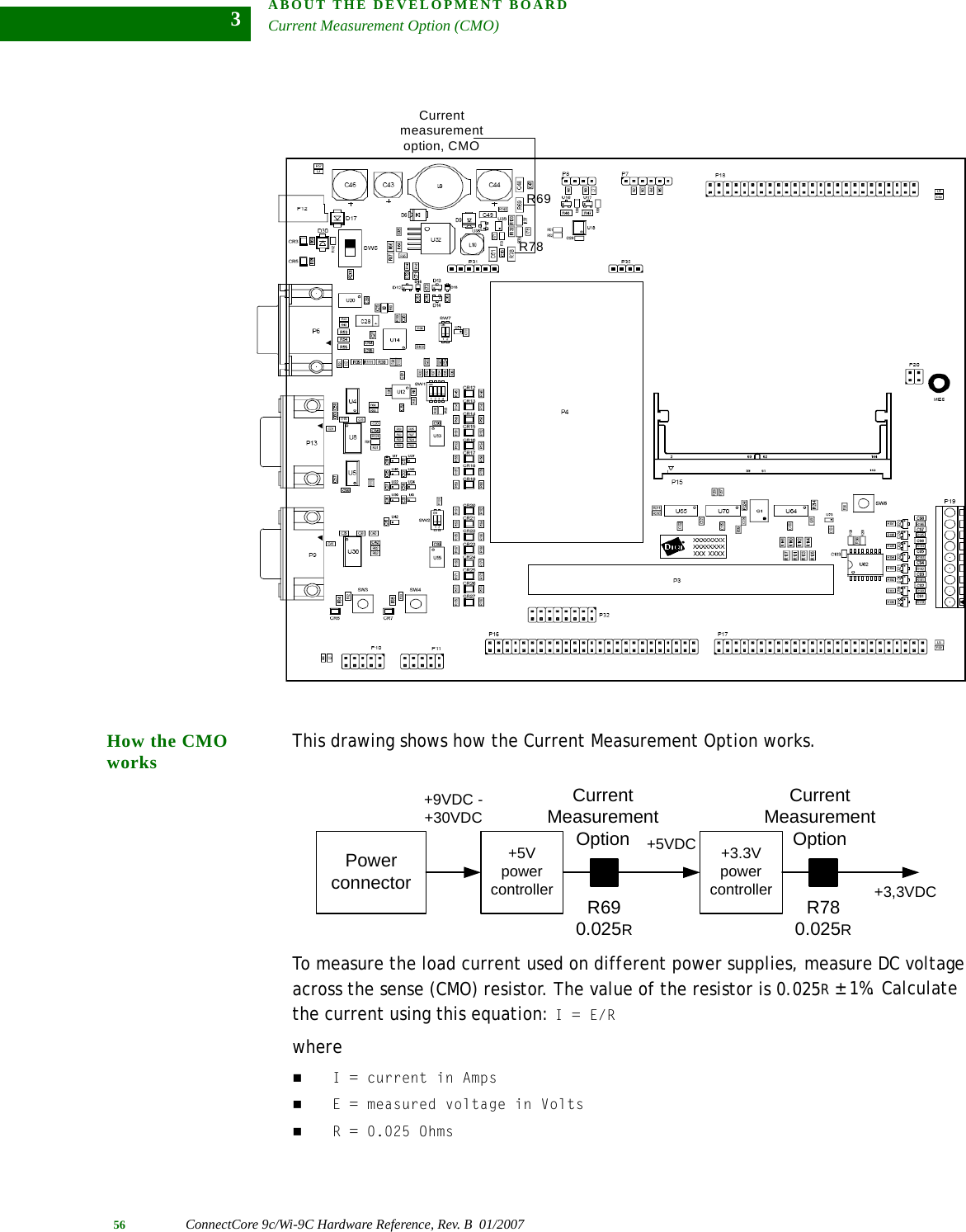 ABOUT THE DEVELOPMENT BOARDCurrent Measurement Option (CMO)56 ConnectCore 9c/Wi-9C Hardware Reference, Rev. B  01/20073How the CMO works This drawing shows how the Current Measurement Option works.To measure the load current used on different power supplies, measure DC voltage across the sense (CMO) resistor. The value of the resistor is 0.025R ± 1%. Calculate the current using this equation: I = E/RwhereI = current in AmpsE = measured voltage in VoltsR = 0.025 OhmsCurrent measurement option, CMOR69R78Power connector+9VDC - +30VDCCurrent Measurement OptionCurrent Measurement OptionR690.025RR780.025R+5VDC+3,3VDC+5V power controller+3.3V power controller