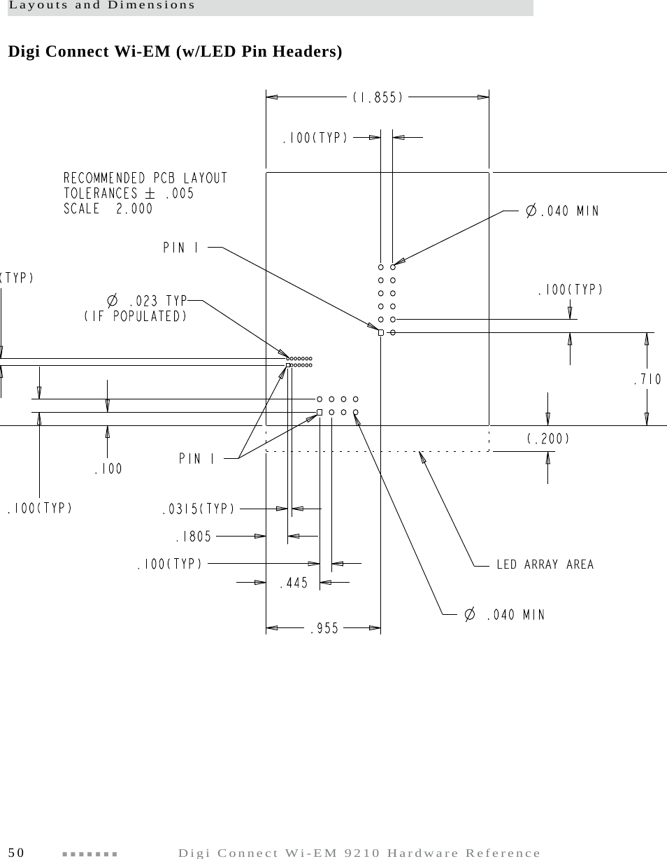 Layouts and Dimensions50  Digi Connect Wi-EM 9210 Hardware ReferenceDigi Connect Wi-EM (w/LED Pin Headers)LED ARRAY AREA