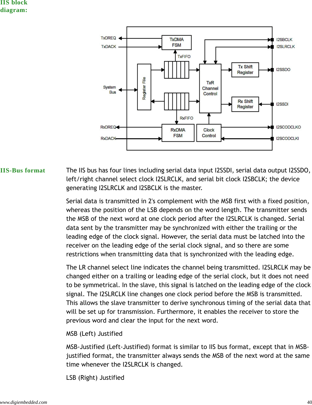 www.digiembedded.com 40IIS block diagram:IIS-Bus format The IIS bus has four lines including serial data input I2SSDI, serial data output I2SSDO, left/right channel select clock I2SLRCLK, and serial bit clock I2SBCLK; the device generating I2SLRCLK and I2SBCLK is the master.Serial data is transmitted in 2&apos;s complement with the MSB first with a fixed position, whereas the position of the LSB depends on the word length. The transmitter sends the MSB of the next word at one clock period after the I2SLRCLK is changed. Serial data sent by the transmitter may be synchronized with either the trailing or the leading edge of the clock signal. However, the serial data must be latched into the receiver on the leading edge of the serial clock signal, and so there are some restrictions when transmitting data that is synchronized with the leading edge.The LR channel select line indicates the channel being transmitted. I2SLRCLK may be changed either on a trailing or leading edge of the serial clock, but it does not need to be symmetrical. In the slave, this signal is latched on the leading edge of the clock signal. The I2SLRCLK line changes one clock period before the MSB is transmitted. This allows the slave transmitter to derive synchronous timing of the serial data that will be set up for transmission. Furthermore, it enables the receiver to store the previous word and clear the input for the next word.MSB (Left) JustifiedMSB-Justified (Left-Justified) format is similar to IIS bus format, except that in MSB-justified format, the transmitter always sends the MSB of the next word at the same time whenever the I2SLRCLK is changed.LSB (Right) Justified