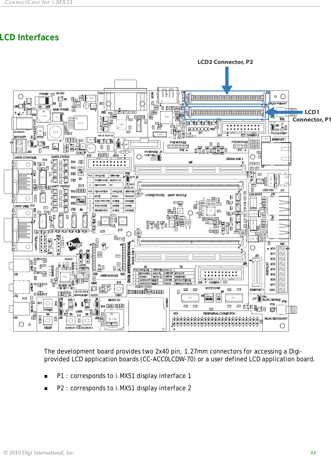 ConnectCorefori.MX51©2010DigiInternational,Inc. 84LCD Interfaces The development board provides two 2x40 pin, 1.27mm connectors for accessing a Digi-provided LCD application boards (CC-ACC0LCDW-70) or a user defined LCD application board. P1 : corresponds to i.MX51 display interface 1P2 : corresponds to i.MX51 display interface 2LCD2 Connector, P2LCD1Connector, P1