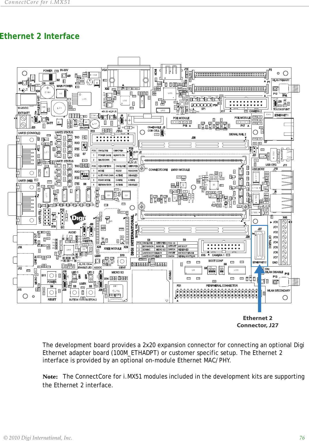 ConnectCorefori.MX51©2010DigiInternational,Inc. 76Ethernet 2 Interface The development board provides a 2x20 expansion connector for connecting an optional Digi Ethernet adapter board (100M_ETHADPT) or customer specific setup. The Ethernet 2 interface is provided by an optional on-module Ethernet MAC/PHY. Note:   The ConnectCore for i.MX51 modules included in the development kits are supporting the Ethernet 2 interface.Ethernet 2Connector, J27