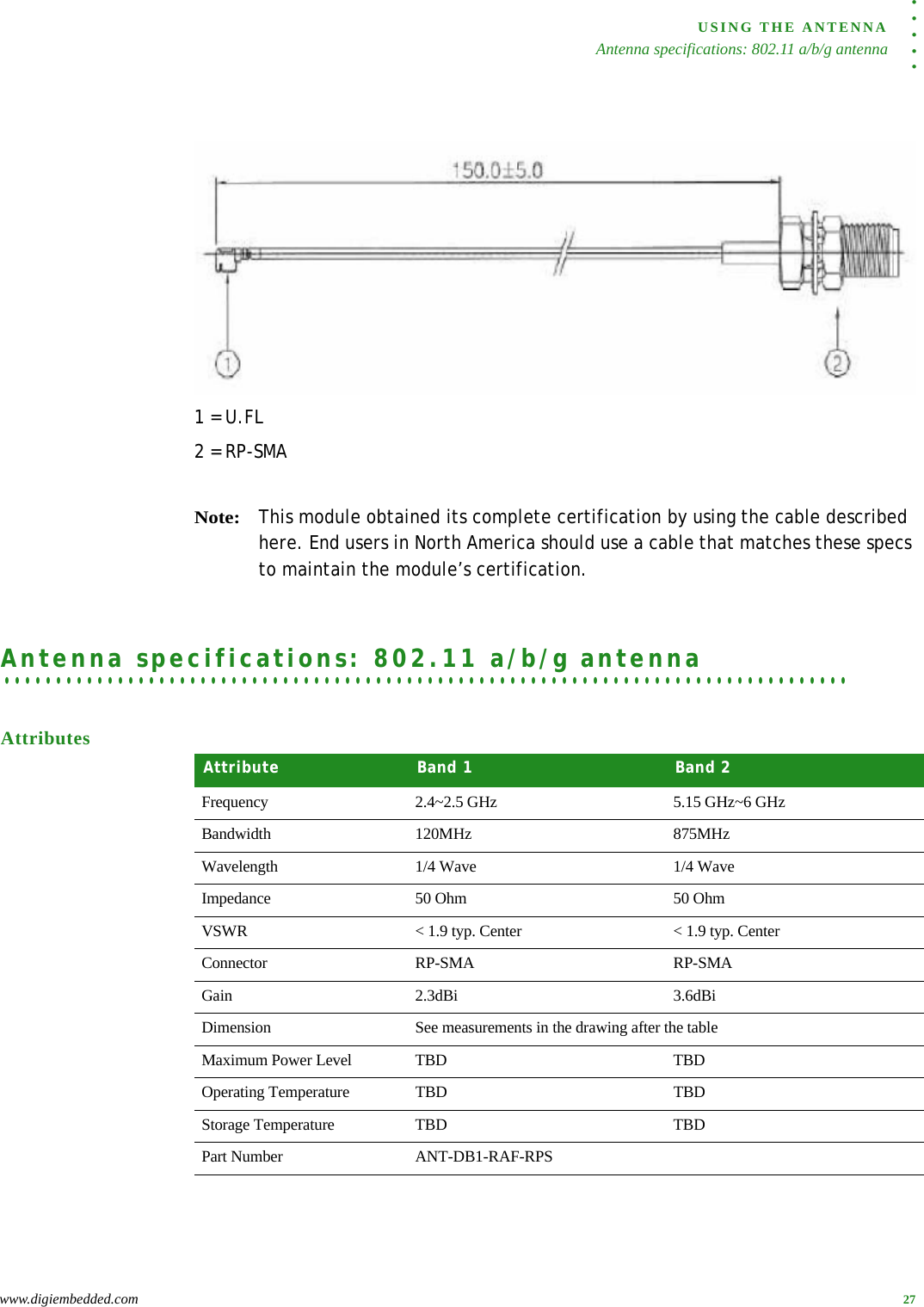 . . . . .USING THE ANTENNAAntenna specifications: 802.11 a/b/g antennawww.digiembedded.com 271 = U.FL2 = RP-SMANote:This module obtained its complete certification by using the cable described here. End users in North America should use a cable that matches these specs to maintain the module’s certification.. . . . . . . . . . . . . . . . . . . . . . . . . . . . . . . . . . . . . . . . . . . . . . . . . . . . . . . . . . . . . . . . . . . . . . . . . . . . . . . . . .Antenna specifications: 802.11 a/b/g antennaAttributesAttribute Band 1 Band 2Frequency 2.4~2.5 GHz 5.15 GHz~6 GHzBandwidth 120MHz 875MHzWavelength 1/4 Wave 1/4 WaveImpedance 50 Ohm 50 OhmVSWR &lt; 1.9 typ. Center &lt; 1.9 typ. CenterConnector RP-SMA RP-SMAGain 2.3dBi 3.6dBiDimension See measurements in the drawing after the tableMaximum Power Level TBD TBDOperating Temperature TBD TBDStorage Temperature TBD TBDPart Number ANT-DB1-RAF-RPS