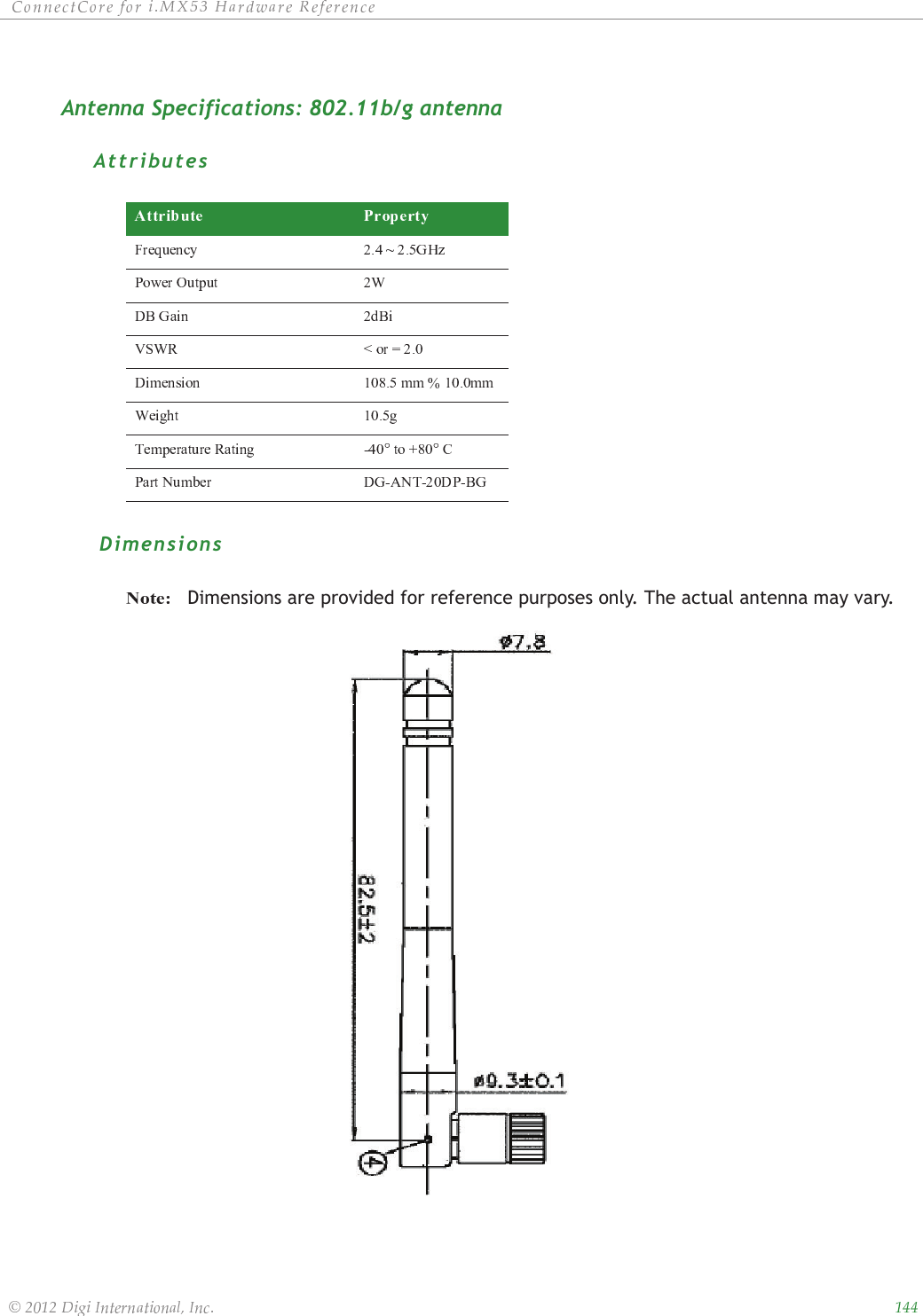 ȱ ȱ ȱ ȱ ȱ ȱȱ ȱ ȱ ȱ ȱȱȱAntenna Specifications: 802.11b/g antennaAttributesDimensions Dimensions are provided for reference purposes only. The actual antenna may vary.
