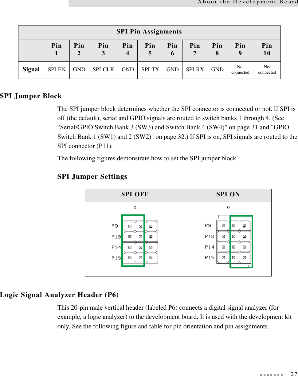 27About the Development BoardSPI Jumper BlockThe SPI jumper block determines whether the SPI connector is connected or not. If SPI is off (the default), serial and GPIO signals are routed to switch banks 1 through 4. (See &quot;Serial/GPIO Switch Bank 3 (SW3) and Switch Bank 4 (SW4)&quot; on page 31 and &quot;GPIO Switch Bank 1 (SW1) and 2 (SW2)&quot; on page 32.) If SPI is on, SPI signals are routed to the SPI connector (P11).The following figures demonstrate how to set the SPI jumper blockSPI Jumper SettingsLogic Signal Analyzer Header (P6)This 20-pin male vertical header (labeled P6) connects a digital signal analyzer (for example, a logic analyzer) to the development board. It is used with the development kit only. See the following figure and table for pin orientation and pin assignments.SPI Pin AssignmentsPin1Pin 2Pin 3Pin 4Pin5Pin 6Pin7Pin 8Pin 9Pin 10Signal SPI-EN GND SPI-CLK GND SPI-TX GND SPI-RX GND Not connectedNotconnectedSPI OFF SPI ONoo