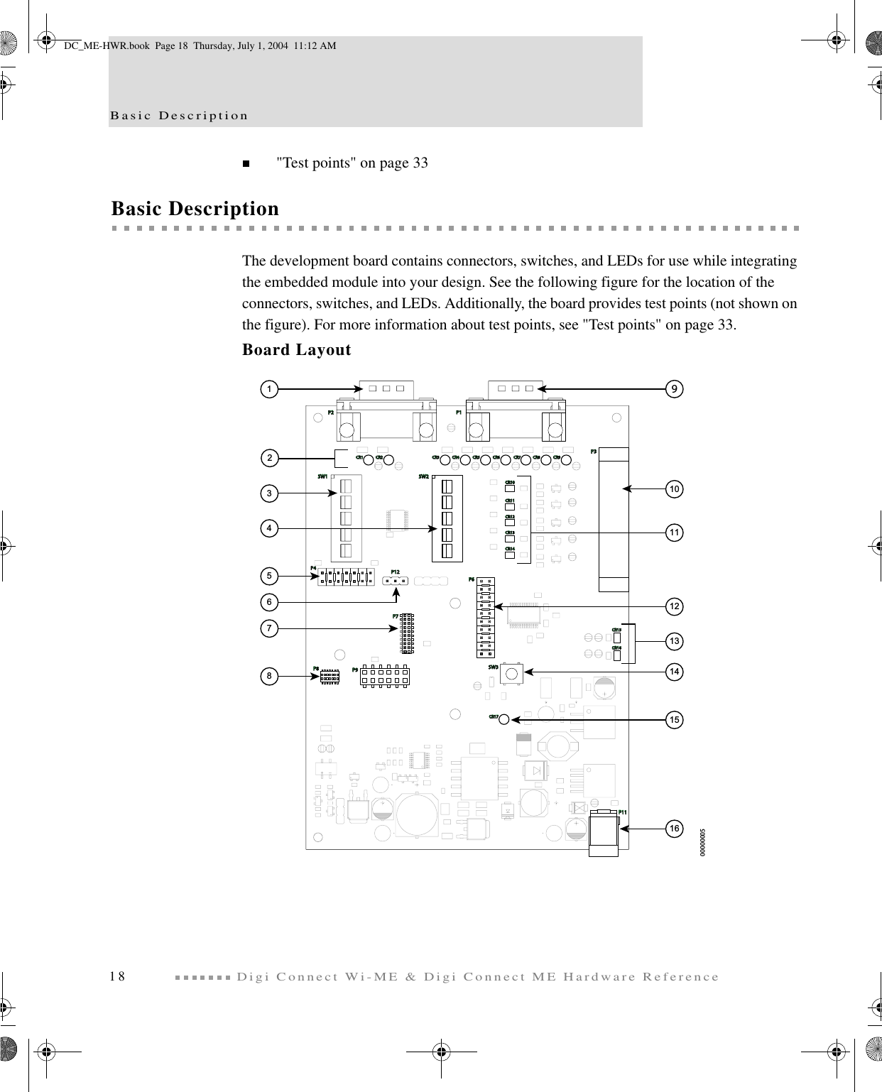 Basic Description18Digi Connect Wi-ME &amp; Digi Connect ME Hardware Reference&quot;Test points&quot; on page 33Basic DescriptionThe development board contains connectors, switches, and LEDs for use while integrating the embedded module into your design. See the following figure for the location of the connectors, switches, and LEDs. Additionally, the board provides test points (not shown on the figure). For more information about test points, see &quot;Test points&quot; on page 33. Board Layout00000005P8P8P11P11P4CR2CR2P3P3CR16CR16CR6CR6CR15CR15P6P6SW2SW2P9P9SW3SW3CR4CR4CR9CR9CR5CR5CR1CR1P7P7P2P2SW1SW1P1P1CR8CR8CR7CR7CR11CR11CR10CR10CR13CR13CR12CR12CR14CR14CR3CR3CR17CR171234567810111213141516P12P129DC_ME-HWR.book  Page 18  Thursday, July 1, 2004  11:12 AM