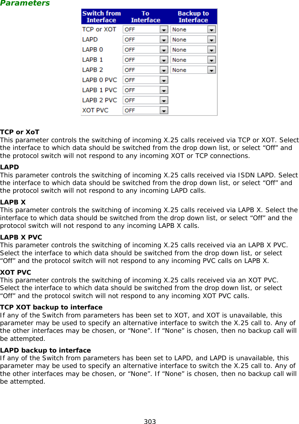 303  Parameters                TCP or XoT This parameter controls the switching of incoming X.25 calls received via TCP or XOT. Select the interface to which data should be switched from the drop down list, or select “Off” and the protocol switch will not respond to any incoming XOT or TCP connections. LAPD This parameter controls the switching of incoming X.25 calls received via ISDN LAPD. Select the interface to which data should be switched from the drop down list, or select “Off” and the protocol switch will not respond to any incoming LAPD calls. LAPB X This parameter controls the switching of incoming X.25 calls received via LAPB X. Select the interface to which data should be switched from the drop down list, or select “Off” and the protocol switch will not respond to any incoming LAPB X calls. LAPB X PVC This parameter controls the switching of incoming X.25 calls received via an LAPB X PVC. Select the interface to which data should be switched from the drop down list, or select “Off” and the protocol switch will not respond to any incoming PVC calls on LAPB X. XOT PVC This parameter controls the switching of incoming X.25 calls received via an XOT PVC. Select the interface to which data should be switched from the drop down list, or select “Off” and the protocol switch will not respond to any incoming XOT PVC calls. TCP XOT backup to interface If any of the Switch from parameters has been set to XOT, and XOT is unavailable, this parameter may be used to specify an alternative interface to switch the X.25 call to. Any of the other interfaces may be chosen, or “None”. If “None” is chosen, then no backup call will be attempted. LAPD backup to interface If any of the Switch from parameters has been set to LAPD, and LAPD is unavailable, this parameter may be used to specify an alternative interface to switch the X.25 call to. Any of the other interfaces may be chosen, or “None”. If “None” is chosen, then no backup call will be attempted.    