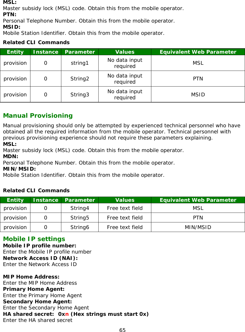 65   MSL: Master subsidy lock (MSL) code. Obtain this from the mobile operator. PTN: Personal Telephone Number. Obtain this from the mobile operator. MSID:  Mobile Station Identifier. Obtain this from the mobile operator. Related CLI Commands Entity Instance Parameter Values Equivalent Web Parameter provision   0  string1  No data input required MSL provision   0  String2 No data input required PTN provision   0  String3  No data input required MSID  Manual Provisioning Manual provisioning should only be attempted by experienced technical personnel who have obtained all the required information from the mobile operator. Technical personnel with previous provisioning experience should not require these parameters explaining. MSL: Master subsidy lock (MSL) code. Obtain this from the mobile operator. MDN: Personal Telephone Number. Obtain this from the mobile operator. MIN/MSID: Mobile Station Identifier. Obtain this from the mobile operator.  Related CLI Commands Entity Instance Parameter Values Equivalent Web Parameter provision   0  String4 Free text field MSL provision   0  String5 Free text field PTN provision   0  String6  Free text field MIN/MSID Mobile IP settings Mobile IP profile number:  Enter the Mobile IP profile number Network Access ID (NAI): Enter the Network Access ID  MIP Home Address: Enter the MIP Home Address Primary Home Agent: Enter the Primary Home Agent Secondary Home Agent: Enter the Secondary Home Agent HA shared secret: 0xn (Hex strings must start 0x) Enter the HA shared secret 