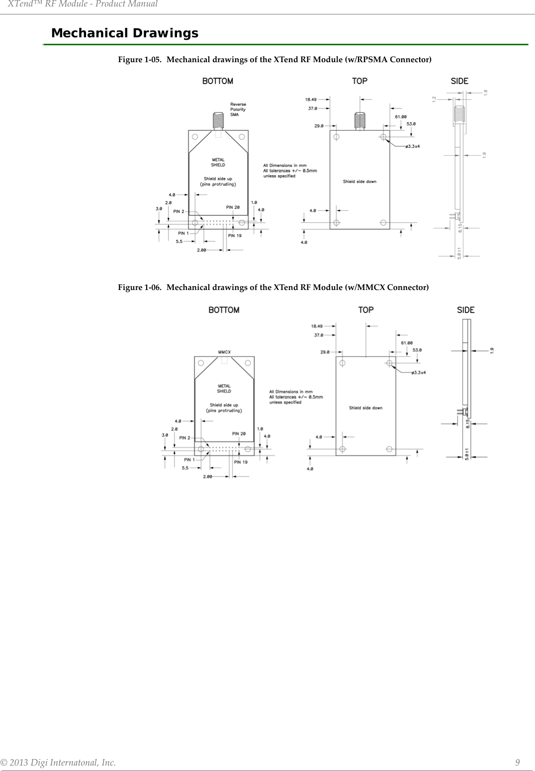 XTend™RFModule‐ProductManual©2013DigiInternatonal,Inc. 9Mechanical DrawingsFigure1‐05. MechanicaldrawingsoftheXTendRFModule(w/RPSMAConnector)Figure1‐06. MechanicaldrawingsoftheXTendRFModule(w/MMCXConnector)