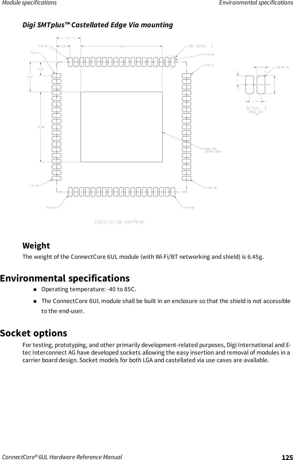 Module specifications Environmental specificationsConnectCore® 6UL Hardware Reference Manual 125Digi SMTplus™ Castellated Edge Via mountingWeightThe weight of the ConnectCore 6UL module (with Wi-Fi/BT networking and shield) is 6.45g.Environmental specificationsnOperating temperature: -40 to 85C.nThe ConnectCore 6UL module shall be built in an enclosure so that the shield is not accessibleto the end-user.Socket optionsFor testing, prototyping, and other primarily development-related purposes, Digi International and E-tec Interconnect AG have developed sockets allowing the easy insertion and removal of modules in acarrier board design. Socket models for both LGA and castellated via use cases are available.