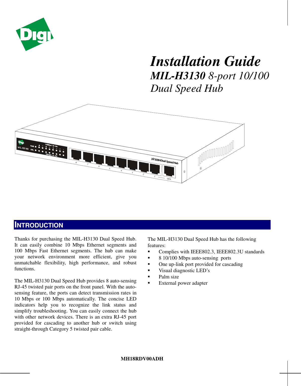 Page 1 of 5 - Digi Digi-Mil-H3130-Users-Manual- Congratulations On Your Purchase Of A 8/16-port Dual Speed Hub  Digi-mil-h3130-users-manual