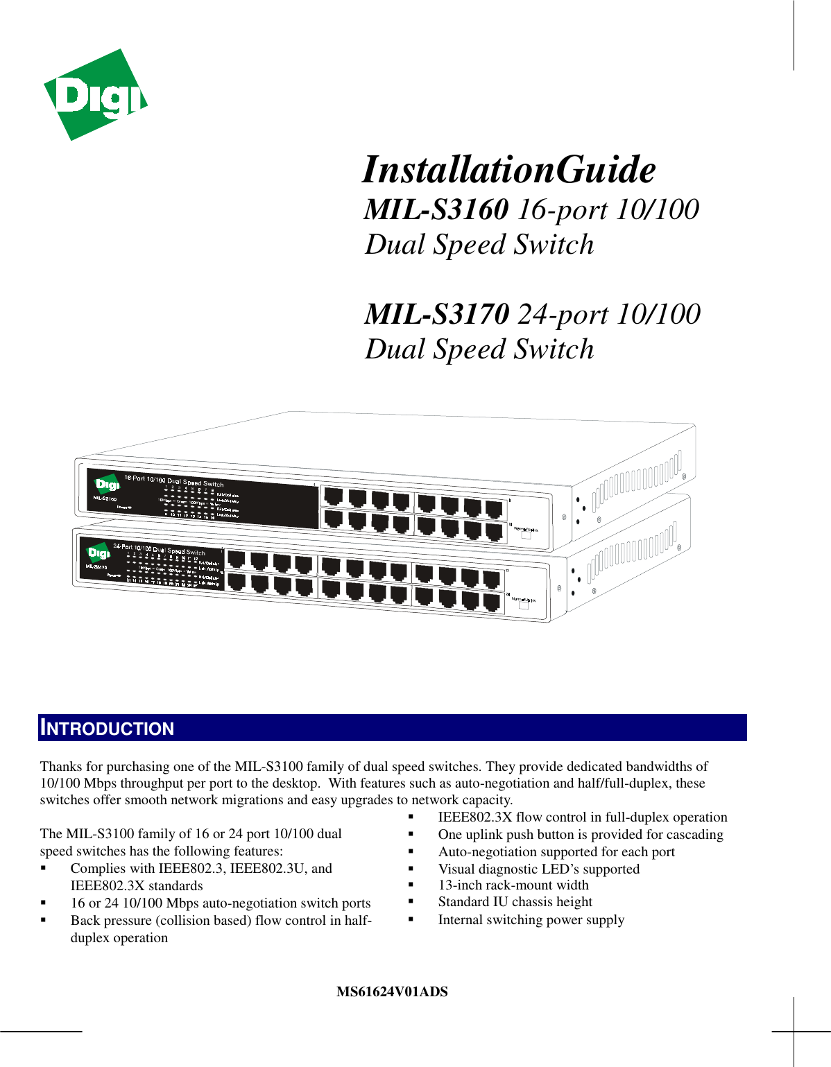 Page 1 of 6 - Digi Digi-Mil-S3160-Users-Manual- Congratulations On Your Purchase Of A 8/16-port Dual Speed Hub  Digi-mil-s3160-users-manual
