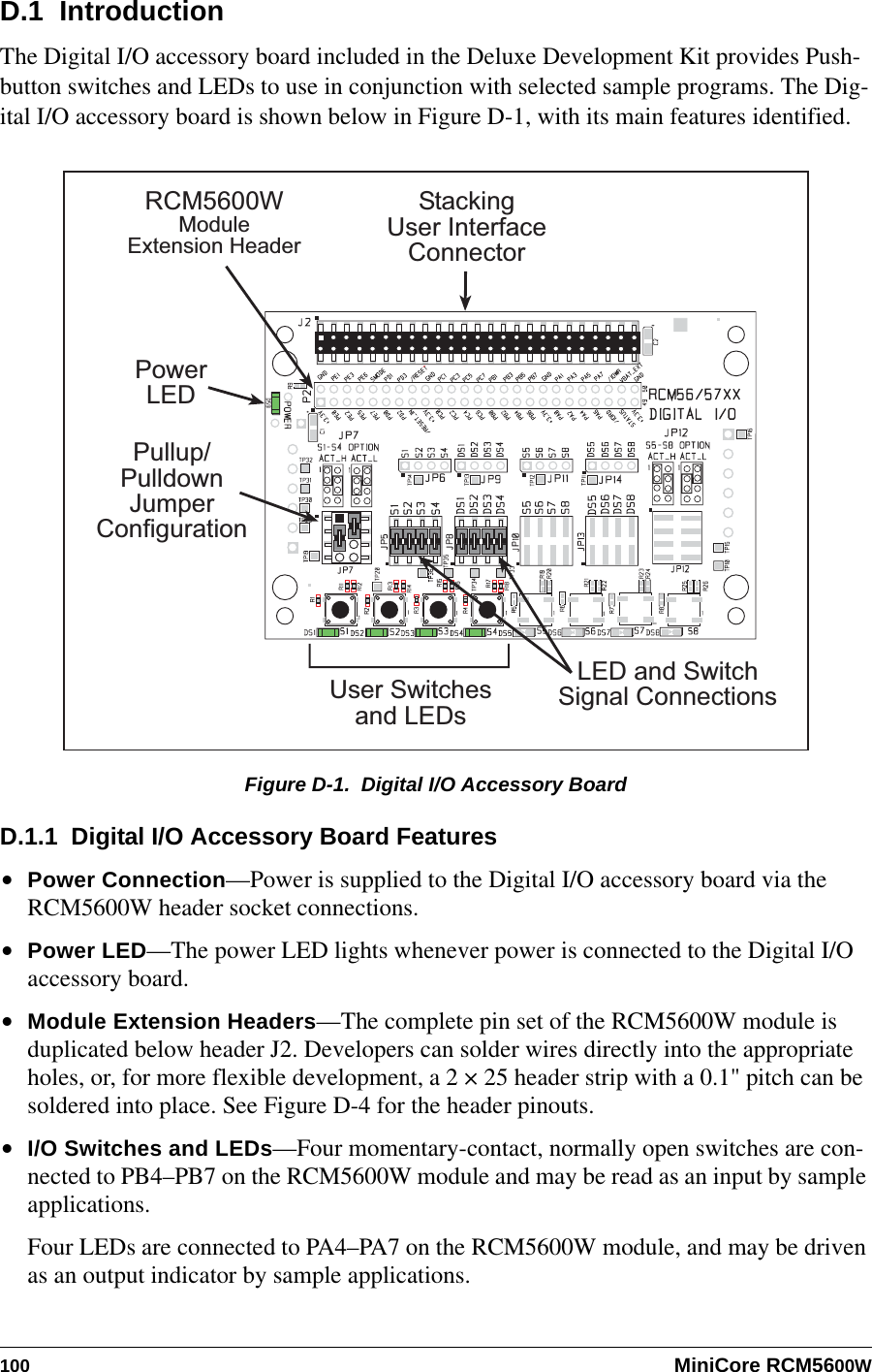 100 MiniCore RCM5600WD.1  IntroductionThe Digital I/O accessory board included in the Deluxe Development Kit provides Push-button switches and LEDs to use in conjunction with selected sample programs. The Dig-ital I/O accessory board is shown below in Figure D-1, with its main features identified.Figure D-1.  Digital I/O Accessory BoardD.1.1  Digital I/O Accessory Board Features•Power Connection—Power is supplied to the Digital I/O accessory board via the RCM5600W header socket connections.•Power LED—The power LED lights whenever power is connected to the Digital I/O accessory board.•Module Extension Headers—The complete pin set of the RCM5600W module is duplicated below header J2. Developers can solder wires directly into the appropriate holes, or, for more flexible development, a 2 × 25 header strip with a 0.1&quot; pitch can be soldered into place. See Figure D-4 for the header pinouts.•I/O Switches and LEDs—Four momentary-contact, normally open switches are con-nected to PB4–PB7 on the RCM5600W module and may be read as an input by sample applications.Four LEDs are connected to PA4–PA7 on the RCM5600W module, and may be driven as an output indicator by sample applications.PowerLEDRCM5600WModuleExtension HeaderUser Switchesand LEDsPullup/PulldownJumperConfigurationLED and SwitchSignal ConnectionsStackingUser InterfaceConnector