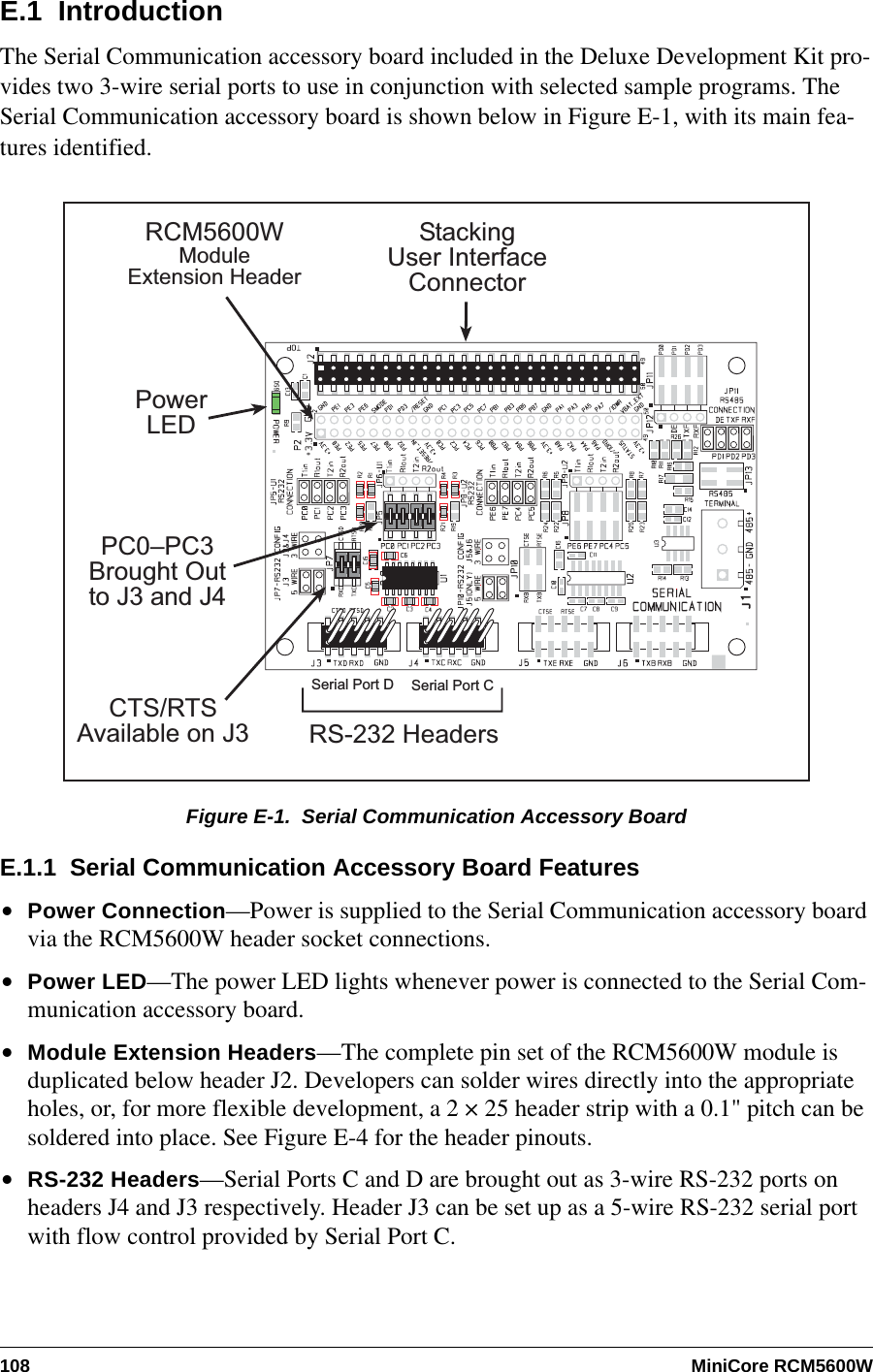 108 MiniCore RCM5600WE.1  IntroductionThe Serial Communication accessory board included in the Deluxe Development Kit pro-vides two 3-wire serial ports to use in conjunction with selected sample programs. The Serial Communication accessory board is shown below in Figure E-1, with its main fea-tures identified.Figure E-1.  Serial Communication Accessory BoardE.1.1  Serial Communication Accessory Board Features•Power Connection—Power is supplied to the Serial Communication accessory board via the RCM5600W header socket connections.•Power LED—The power LED lights whenever power is connected to the Serial Com-munication accessory board.•Module Extension Headers—The complete pin set of the RCM5600W module is duplicated below header J2. Developers can solder wires directly into the appropriate holes, or, for more flexible development, a 2 × 25 header strip with a 0.1&quot; pitch can be soldered into place. See Figure E-4 for the header pinouts.•RS-232 Headers—Serial Ports C and D are brought out as 3-wire RS-232 ports on headers J4 and J3 respectively. Header J3 can be set up as a 5-wire RS-232 serial port with flow control provided by Serial Port C.PowerLEDRCM5600WModuleExtension HeaderCTS/RTSAvailable on J3 RS-232 HeadersPC0PC3Brought Outto J3 and J4Serial Port D Serial Port CStackingUser InterfaceConnector