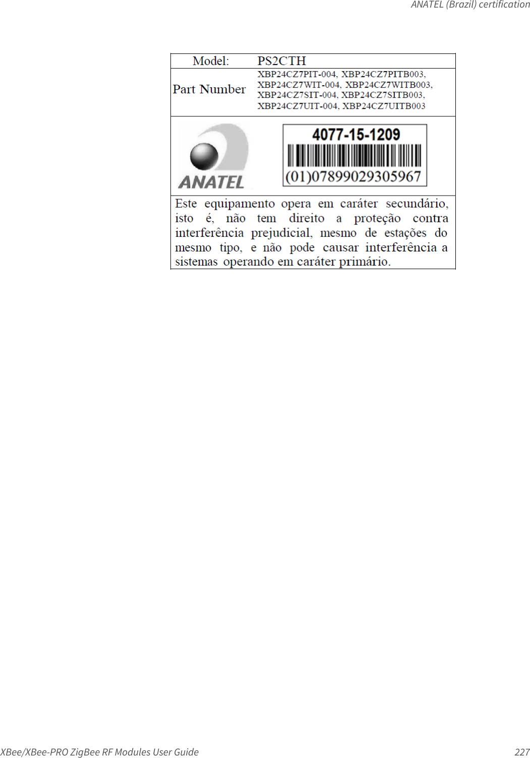 ANATEL (Brazil) certificationXBee/XBee-PRO ZigBee RF Modules User Guide 227