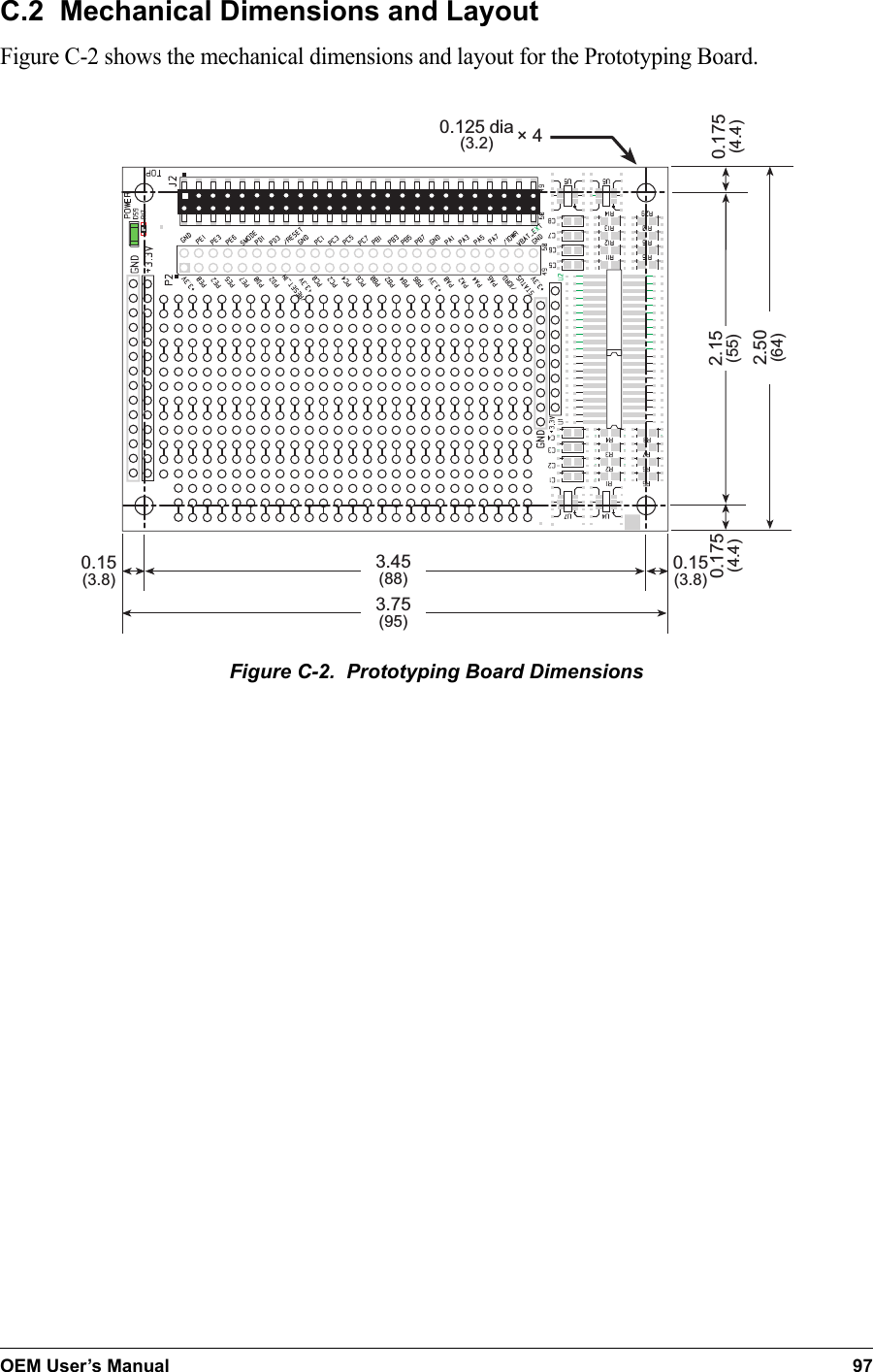 OEM User’s Manual 97C.2  Mechanical Dimensions and LayoutFigure C-2 shows the mechanical dimensions and layout for the Prototyping Board.0.15(3.8)0.15(3.8)0.175(4.4)3.45(88)3.75(95)2.50(64)0.175(4.4)× 40.125 dia(3.2)2.15(55)Figure C-2.  Prototyping Board Dimensions