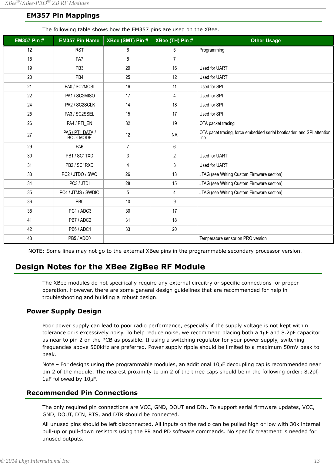 XBee®/XBee‐PRO®ZBRFModules©2014DigiInternationalInc. 13EM357 Pin MappingsThe following table shows how the EM357 pins are used on the XBee. NOTE: Some lines may not go to the external XBee pins in the programmable secondary processor version.Design Notes for the XBee ZigBee RF ModuleThe XBee modules do not specifically require any external circuitry or specific connections for proper operation. However, there are some general design guidelines that are recommended for help in troubleshooting and building a robust design.Power Supply DesignPoor power supply can lead to poor radio performance, especially if the supply voltage is not kept within tolerance or is excessively noisy. To help reduce noise, we recommend placing both a 1F and 8.2pF capacitor as near to pin 2 on the PCB as possible. If using a switching regulator for your power supply, switching frequencies above 500kHz are preferred. Power supply ripple should be limited to a maximum 50mV peak to peak.Note – For designs using the programmable modules, an additional 10F decoupling cap is recommended near pin 2 of the module. The nearest proximity to pin 2 of the three caps should be in the following order: 8.2pf, 1F followed by 10F.Recommended Pin ConnectionsThe only required pin connections are VCC, GND, DOUT and DIN. To support serial firmware updates, VCC, GND, DOUT, DIN, RTS, and DTR should be connected.All unused pins should be left disconnected. All inputs on the radio can be pulled high or low with 30k internal pull-up or pull-down resistors using the PR and PD software commands. No specific treatment is needed for unused outputs.EM357 Pin # EM357 Pin Name XBee (SMT) Pin # XBee (TH) Pin # Other Usage12 RST 6 5 Programming18 PA7 8 719 PB3 29 16 Used for UART20 PB4 25 12 Used for UART21 PA0 / SC2MOSI 16 11 Used for SPI22  PA1 / SC2MISO 17 4 Used for SPI24  PA2 / SC2SCLK 14 18 Used for SPI25 PA3 / SC2SSEL 15 17 Used for SPI26 PA4 / PTI_EN 32 19 OTA packet tracing27 PA5 / PTI_DATA / BOOTMODE 12 NA OTA pacet tracing, force embedded serial bootloader, and SPI attention line29 PA6 7 630 PB1 / SC1TXD 3 2 Used for UART31 PB2 / SC1RXD 4 3 Used for UART33 PC2 / JTDO / SWO 26 13 JTAG (see Writing Custom Firmware section)34 PC3 / JTDI 28 15 JTAG (see Writing Custom Firmware section)35 PC4 / JTMS / SWDIO 5 4 JTAG (see Writing Custom Firmware section)36 PB0 10 938  PC1 / ADC3 30 1741  PB7 / ADC2 31 1842  PB6 / ADC1 33 2043 PB5 / ADC0 Temperature sensor on PRO version