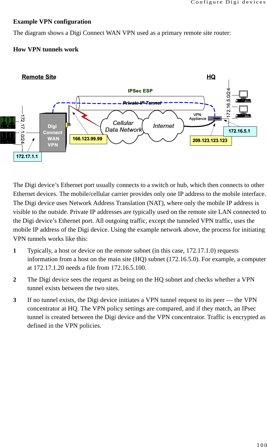 Configure Digi devices100Example VPN configurationThe diagram shows a Digi Connect WAN VPN used as a primary remote site router:How VPN tunnels workThe Digi device’s Ethernet port usually connects to a switch or hub, which then connects to other Ethernet devices. The mobile/cellular carrier provides only one IP address to the mobile interface. The Digi device uses Network Address Translation (NAT), where only the mobile IP address is visible to the outside. Private IP addresses are typically used on the remote site LAN connected to the Digi device’s Ethernet port. All outgoing traffic, except the tunneled VPN traffic, uses the mobile IP address of the Digi device. Using the example network above, the process for initiating VPN tunnels works like this:1Typically, a host or device on the remote subnet (in this case, 172.17.1.0) requests information from a host on the main site (HQ) subnet (172.16.5.0). For example, a computer at 172.17.1.20 needs a file from 172.16.5.100. 2The Digi device sees the request as being on the HQ subnet and checks whether a VPN tunnel exists between the two sites.3If no tunnel exists, the Digi device initiates a VPN tunnel request to its peer — the VPN concentrator at HQ. The VPN policy settings are compared, and if they match, an IPsec tunnel is created between the Digi device and the VPN concentrator. Traffic is encrypted as defined in the VPN policies. CellularData NetworkDigiConnectVPNInternetRemote Site HQ166.123.99.99 209.123.123.123PWROKWIC0ACT/CH0ACT/CH1WIC0ACT/CH0ACT/CH1ETHACTCOLVPNAppliance172.16 .5.0/2 4172.17.1.0/24172.17.1.1Private IP Tunnel172.16.5.1IPSec ESPWAN