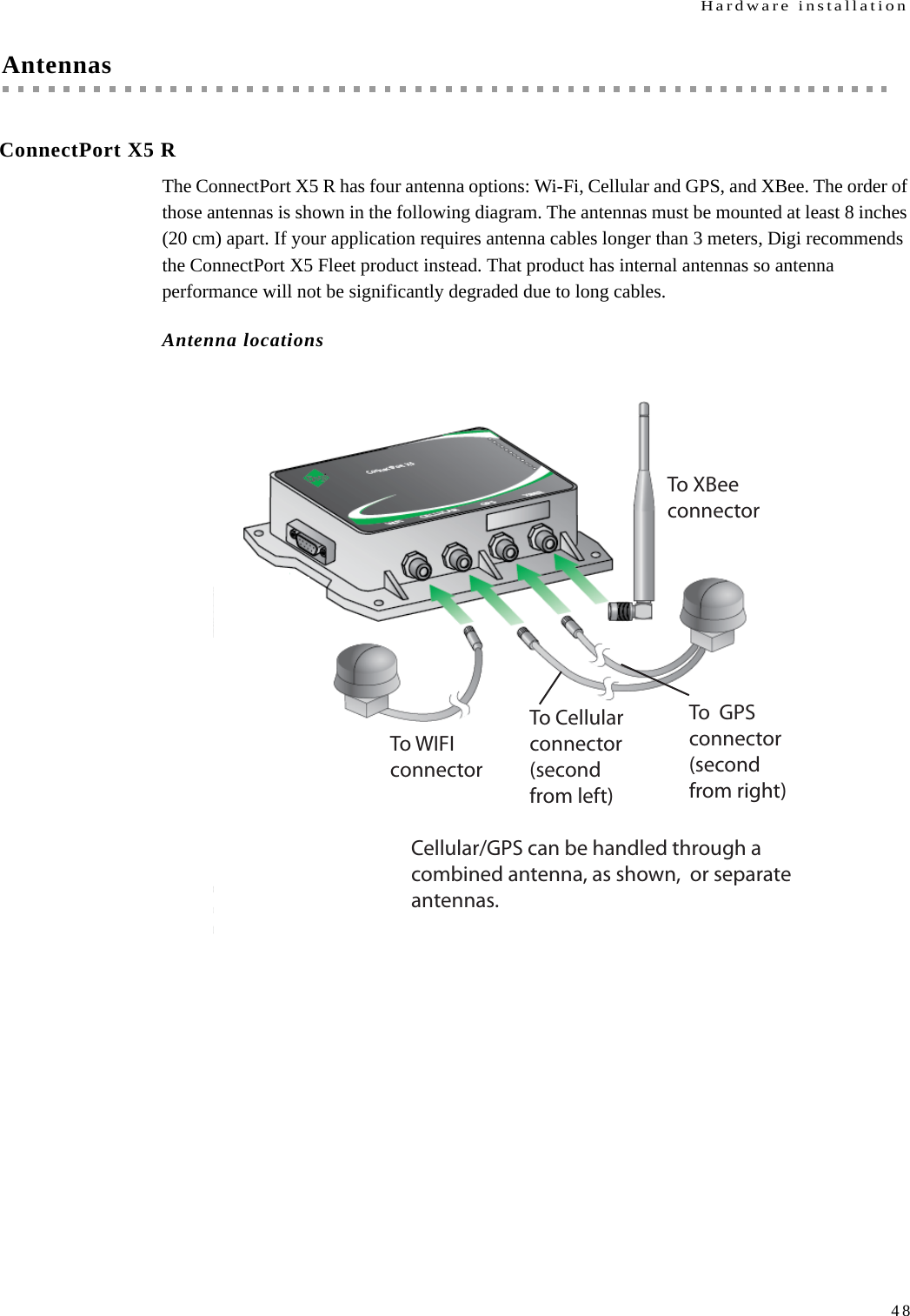 Hardware installation48AntennasConnectPort X5 RThe ConnectPort X5 R has four antenna options: Wi-Fi, Cellular and GPS, and XBee. The order of those antennas is shown in the following diagram. The antennas must be mounted at least 8 inches (20 cm) apart. If your application requires antenna cables longer than 3 meters, Digi recommends the ConnectPort X5 Fleet product instead. That product has internal antennas so antenna performance will not be significantly degraded due to long cables. Antenna locationsTo WIFI connectorTo Cellular  connector (second from left)To XBee connectorTo  GPS connector (second from right)Cellular/GPS can be handled through acombined antenna, as shown,  or separate antennas. 