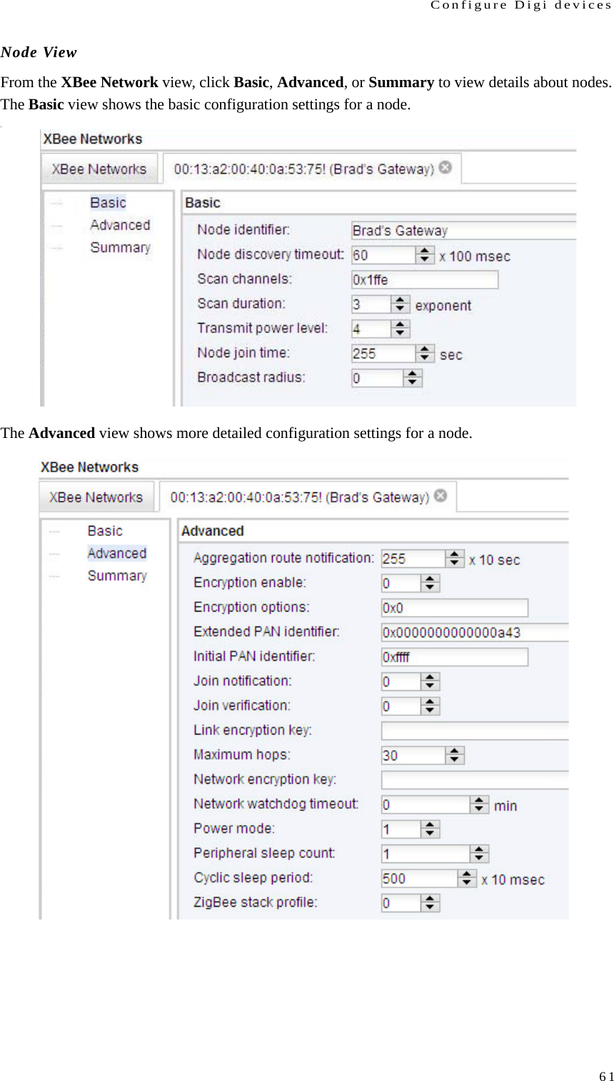 Configure Digi devices61Node ViewFrom the XBee Network view, click Basic, Advanced, or Summary to view details about nodes. The Basic view shows the basic configuration settings for a node..The Advanced view shows more detailed configuration settings for a node.