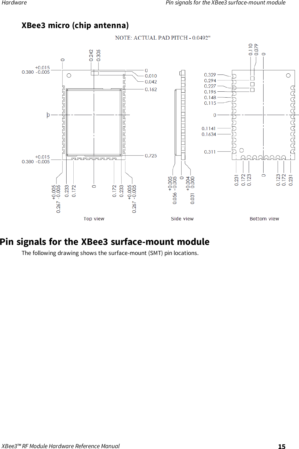 Hardware Pin signals for the XBee3 surface-mount moduleXBee3™ RF Module Hardware Reference Manual 15XBee3 micro (chip antenna)Pin signals for the XBee3 surface-mount moduleThe following drawing shows the surface-mount (SMT) pin locations.