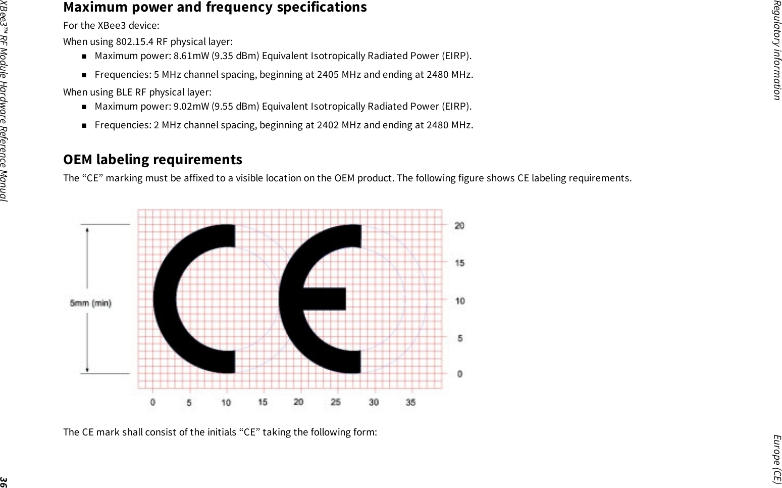Regulatory information Europe (CE)XBee3™ RF Module Hardware Reference Manual 36Maximum power and frequency specificationsFor the XBee3 device:When using 802.15.4 RF physical layer:nMaximum power: 8.61mW (9.35 dBm) Equivalent Isotropically Radiated Power (EIRP).nFrequencies: 5 MHz channel spacing, beginning at 2405 MHz and ending at 2480 MHz.When using BLE RF physical layer:nMaximum power: 9.02mW (9.55 dBm) Equivalent Isotropically Radiated Power (EIRP).nFrequencies: 2 MHz channel spacing, beginning at 2402 MHz and ending at 2480 MHz.OEM labeling requirementsThe “CE” marking must be affixed to a visible location on the OEM product. The following figure shows CE labeling requirements.The CE mark shall consist of the initials “CE” taking the following form: