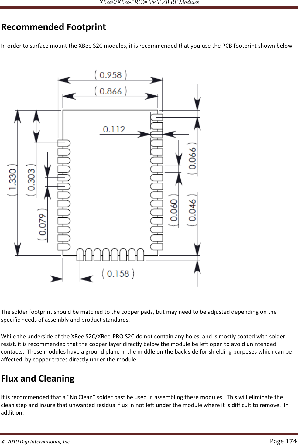 XBee®/XBee‐PRO® SMT ZB RF Modules  © 2010 Digi International, Inc.   Page 174  Recommended Footprint In order to surface mount the XBee S2C modules, it is recommended that you use the PCB footprint shown below.  The solder footprint should be matched to the copper pads, but may need to be adjusted depending on the specific needs of assembly and product standards. While the underside of the XBee S2C/XBee-PRO S2C do not contain any holes, and is mostly coated with solder resist, it is recommended that the copper layer directly below the module be left open to avoid unintended contacts.  These modules have a ground plane in the middle on the back side for shielding purposes which can be  affected  by copper traces directly under the module. Flux and Cleaning clean step and insure that unwanted residual flux in not left under the module where it is difficult to remove.  In addition: 