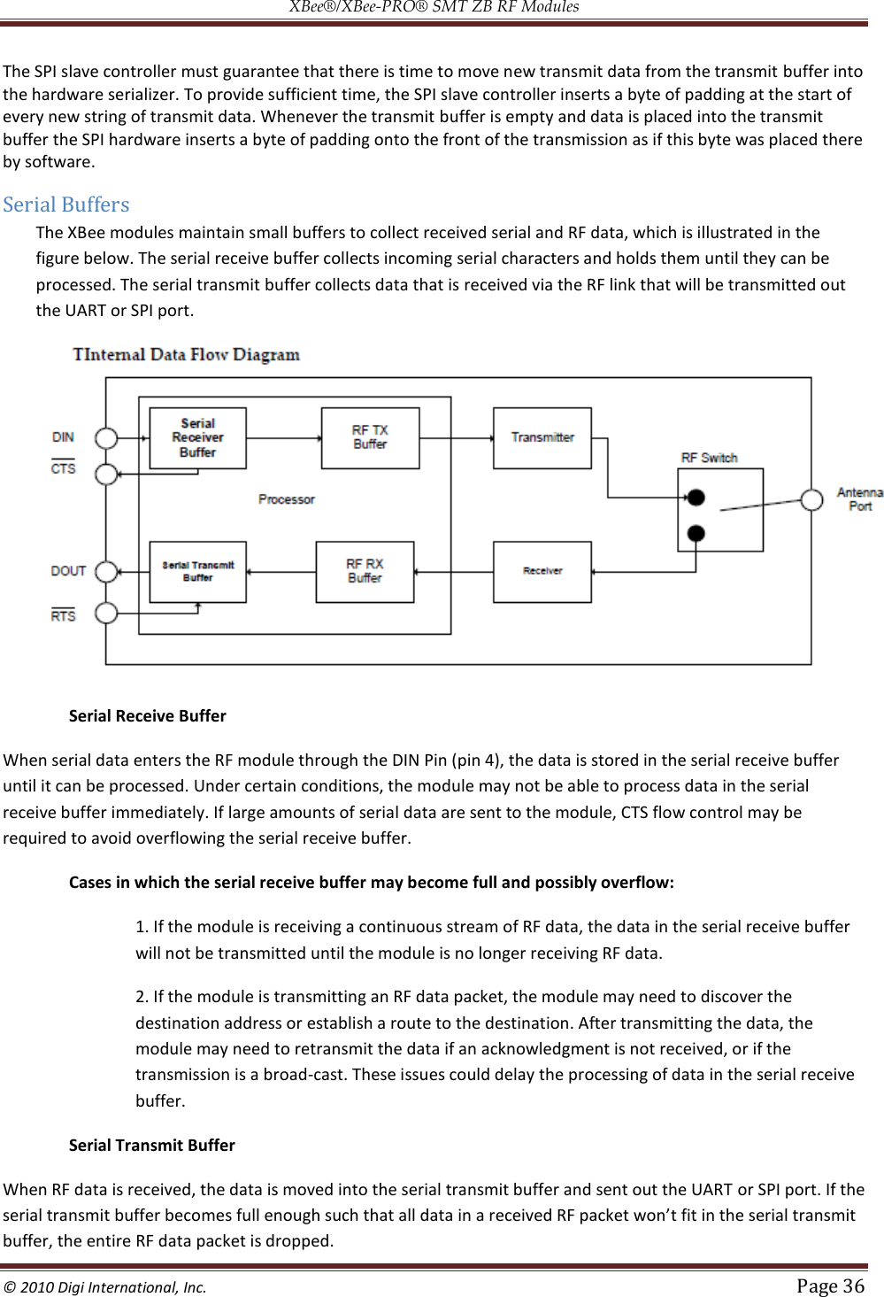 XBee®/XBee‐PRO® SMT ZB RF Modules  © 2010 Digi International, Inc.   Page 36  The SPI slave controller must guarantee that there is time to move new transmit data from the transmit buffer into the hardware serializer. To provide sufficient time, the SPI slave controller inserts a byte of padding at the start of every new string of transmit data. Whenever the transmit buffer is empty and data is placed into the transmit buffer the SPI hardware inserts a byte of padding onto the front of the transmission as if this byte was placed there by software. Serial Buffers The XBee modules maintain small buffers to collect received serial and RF data, which is illustrated in the figure below. The serial receive buffer collects incoming serial characters and holds them until they can be processed. The serial transmit buffer collects data that is received via the RF link that will be transmitted out the UART or SPI port.  Serial Receive Buffer When serial data enters the RF module through the DIN Pin (pin 4), the data is stored in the serial receive buffer until it can be processed. Under certain conditions, the module may not be able to process data in the serial receive buffer immediately. If large amounts of serial data are sent to the module, CTS flow control may be required to avoid overflowing the serial receive buffer.  Cases in which the serial receive buffer may become full and possibly overflow:  1. If the module is receiving a continuous stream of RF data, the data in the serial receive buffer will not be transmitted until the module is no longer receiving RF data.  2. If the module is transmitting an RF data packet, the module may need to discover the destination address or establish a route to the destination. After transmitting the data, the module may need to retransmit the data if an acknowledgment is not received, or if the transmission is a broad-cast. These issues could delay the processing of data in the serial receive buffer. Serial Transmit Buffer When RF data is received, the data is moved into the serial transmit buffer and sent out the UART or SPI port. If the serial transmit buffer, the entire RF data packet is dropped.  