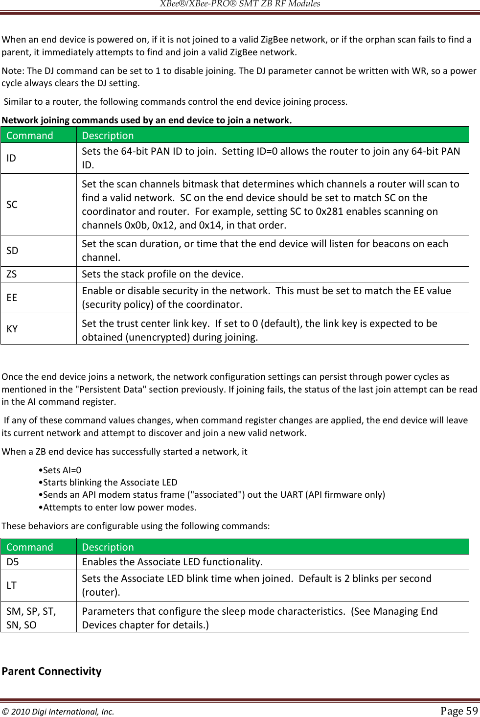 XBee®/XBee‐PRO® SMT ZB RF Modules  © 2010 Digi International, Inc.   Page 59  When an end device is powered on, if it is not joined to a valid ZigBee network, or if the orphan scan fails to find a parent, it immediately attempts to find and join a valid ZigBee network. Note: The DJ command can be set to 1 to disable joining. The DJ parameter cannot be written with WR, so a power cycle always clears the DJ setting.  Similar to a router, the following commands control the end device joining process. Network joining commands used by an end device to join a network. Command Description ID Sets the 64-bit PAN ID to join.  Setting ID=0 allows the router to join any 64-bit PAN ID. SC Set the scan channels bitmask that determines which channels a router will scan to find a valid network.  SC on the end device should be set to match SC on the coordinator and router.  For example, setting SC to 0x281 enables scanning on channels 0x0b, 0x12, and 0x14, in that order. SD Set the scan duration, or time that the end device will listen for beacons on each channel. ZS Sets the stack profile on the device. EE Enable or disable security in the network.  This must be set to match the EE value (security policy) of the coordinator. KY Set the trust center link key.  If set to 0 (default), the link key is expected to be obtained (unencrypted) during joining.  Once the end device joins a network, the network configuration settings can persist through power cycles as mentioned in the &quot;Persistent Data&quot; section previously. If joining fails, the status of the last join attempt can be read in the AI command register.  If any of these command values changes, when command register changes are applied, the end device will leave its current network and attempt to discover and join a new valid network.  When a ZB end device has successfully started a network, it      These behaviors are configurable using the following commands: Command Description D5 Enables the Associate LED functionality. LT Sets the Associate LED blink time when joined.  Default is 2 blinks per second (router). SM, SP, ST, SN, SO Parameters that configure the sleep mode characteristics.  (See Managing End Devices chapter for details.)  Parent Connectivity 