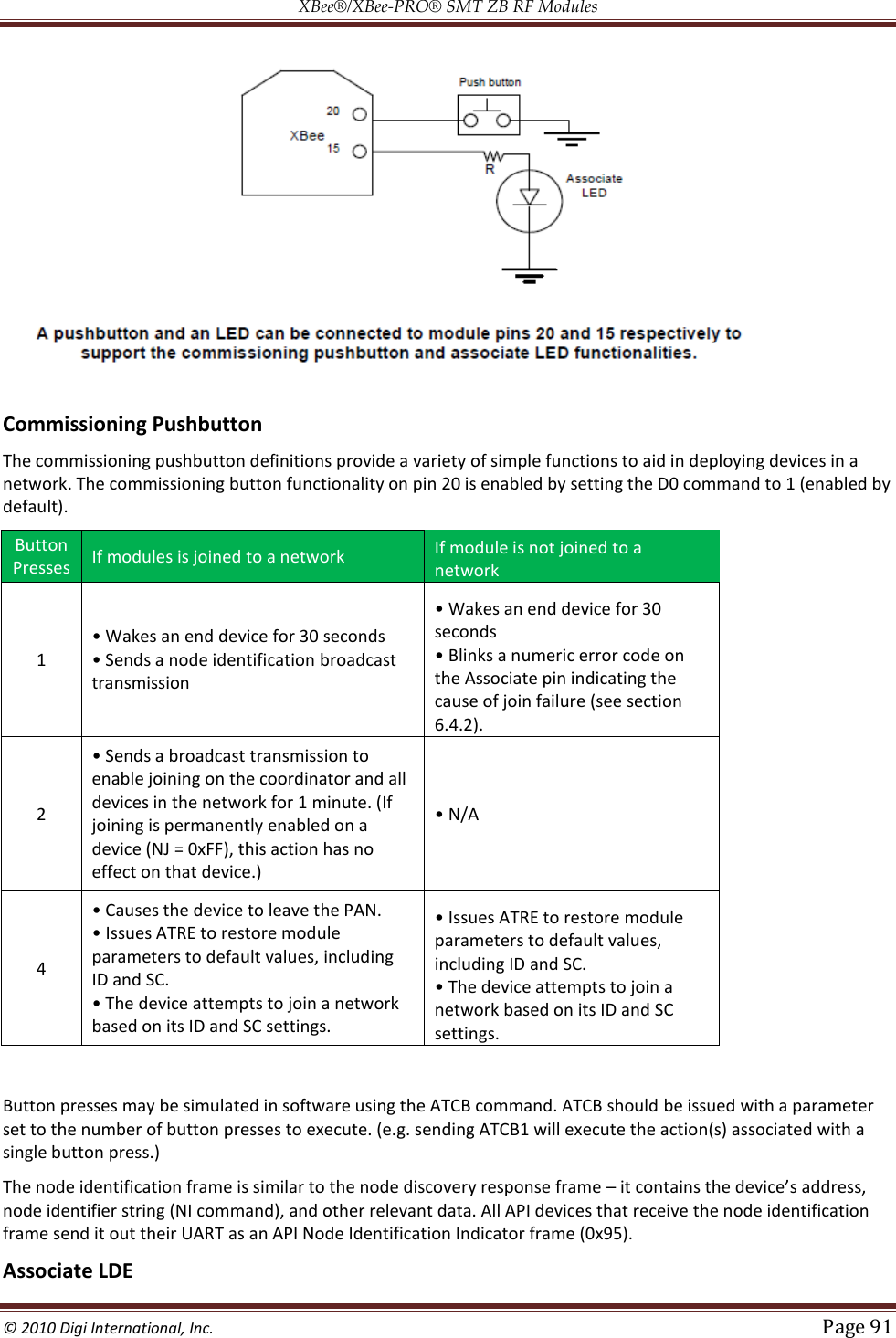 XBee®/XBee‐PRO® SMT ZB RF Modules  © 2010 Digi International, Inc.   Page 91    Commissioning Pushbutton The commissioning pushbutton definitions provide a variety of simple functions to aid in deploying devices in a network. The commissioning button functionality on pin 20 is enabled by setting the D0 command to 1 (enabled by default). Button Presses If modules is joined to a network If module is not joined to a network 1 broadcast transmission seconds                                                         the Associate pin indicating the cause of join failure (see section 6.4.2). 2 transmission to enable joining on the coordinator and all devices in the network for 1 minute. (If joining is permanently enabled on a device (NJ = 0xFF), this action has no effect on that device.)  4  Issues ATRE to restore module   parameters to default values, including ID and SC.                                                                            based on its ID and SC settings.  module parameters to default values, including ID and SC.                                           network based on its ID and SC settings.  Button presses may be simulated in software using the ATCB command. ATCB should be issued with a parameter set to the number of button presses to execute. (e.g. sending ATCB1 will execute the action(s) associated with a single button press.) The node identification frame is similar to the node discovery response frame  it contains thnode identifier string (NI command), and other relevant data. All API devices that receive the node identification frame send it out their UART as an API Node Identification Indicator frame (0x95). Associate LDE 