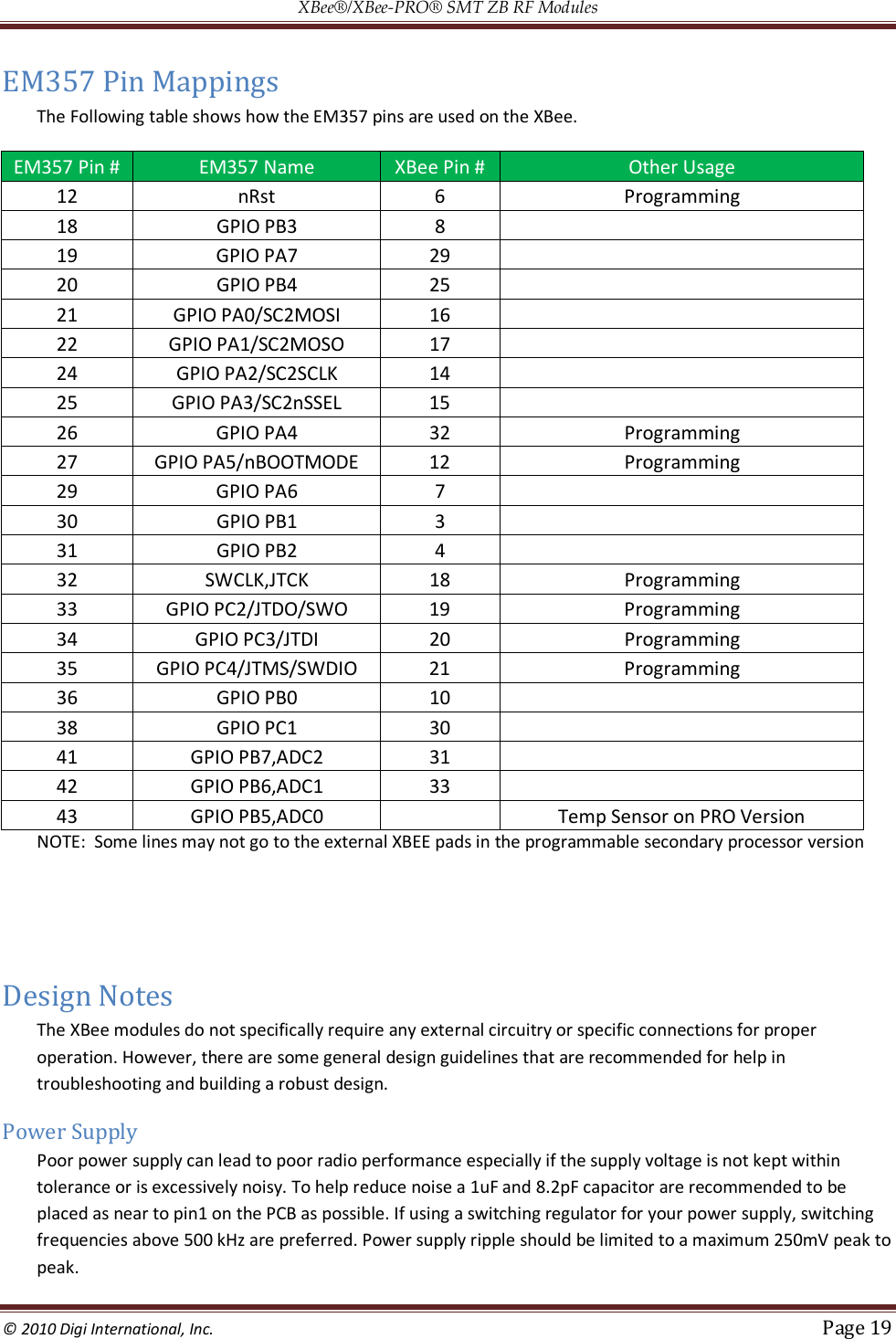 XBee®/XBee‐PRO® SMT ZB RF Modules  © 2010 Digi International, Inc.   Page 19  EM357 Pin Mappings The Following table shows how the EM357 pins are used on the XBee. EM357 Pin #  EM357 Name  XBee Pin #  Other Usage 12  nRst  6  Programming 18  GPIO PB3  8    19  GPIO PA7  29    20  GPIO PB4  25    21  GPIO PA0/SC2MOSI  16    22  GPIO PA1/SC2MOSO  17    24  GPIO PA2/SC2SCLK  14    25  GPIO PA3/SC2nSSEL  15    26  GPIO PA4  32  Programming 27  GPIO PA5/nBOOTMODE  12  Programming 29  GPIO PA6  7    30  GPIO PB1  3    31  GPIO PB2  4    32  SWCLK,JTCK  18  Programming 33  GPIO PC2/JTDO/SWO  19  Programming 34  GPIO PC3/JTDI  20  Programming 35  GPIO PC4/JTMS/SWDIO  21  Programming 36  GPIO PB0  10    38  GPIO PC1  30    41  GPIO PB7,ADC2  31    42  GPIO PB6,ADC1  33    43  GPIO PB5,ADC0     Temp Sensor on PRO Version NOTE:  Some lines may not go to the external XBEE pads in the programmable secondary processor version   Design Notes The XBee modules do not specifically require any external circuitry or specific connections for proper operation. However, there are some general design guidelines that are recommended for help in troubleshooting and building a robust design. Power Supply Poor power supply can lead to poor radio performance especially if the supply voltage is not kept within tolerance or is excessively noisy. To help reduce noise a 1uF and 8.2pF capacitor are recommended to be placed as near to pin1 on the PCB as possible. If using a switching regulator for your power supply, switching frequencies above 500 kHz are preferred. Power supply ripple should be limited to a maximum 250mV peak to peak.  