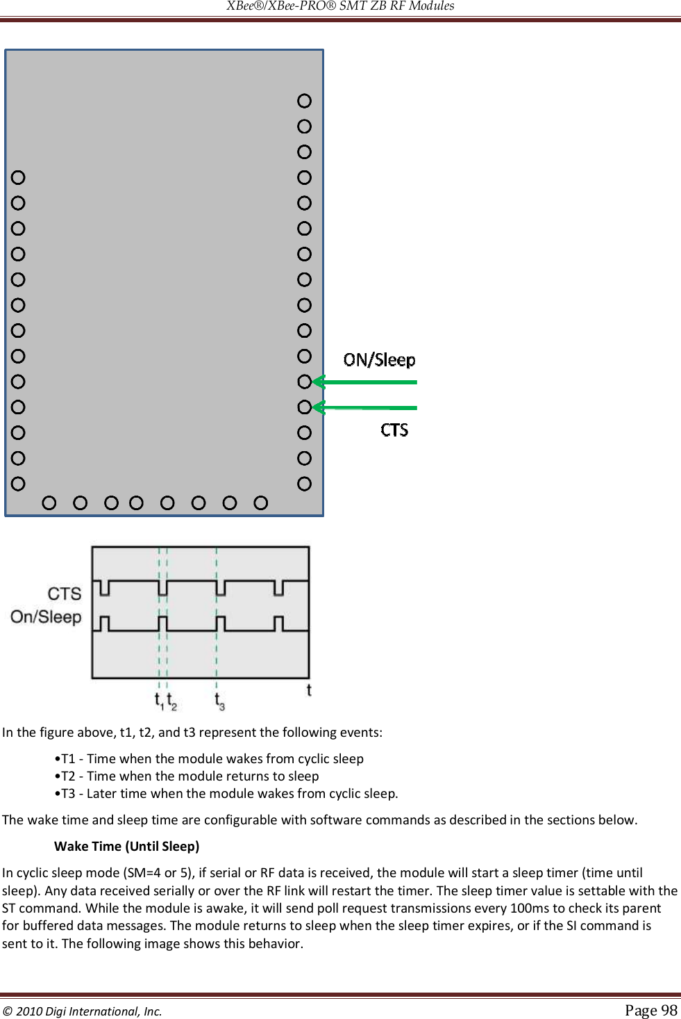 XBee®/XBee‐PRO® SMT ZB RF Modules  © 2010 Digi International, Inc.   Page 98    In the figure above, t1, t2, and t3 represent the following events: •T1 - Time when the module wakes from cyclic sleep  •T2 - Time when the module returns to sleep  •T3 - Later time when the module wakes from cyclic sleep. The wake time and sleep time are configurable with software commands as described in the sections below.   Wake Time (Until Sleep) In cyclic sleep mode (SM=4 or 5), if serial or RF data is received, the module will start a sleep timer (time until sleep). Any data received serially or over the RF link will restart the timer. The sleep timer value is settable with the ST command. While the module is awake, it will send poll request transmissions every 100ms to check its parent for buffered data messages. The module returns to sleep when the sleep timer expires, or if the SI command is sent to it. The following image shows this behavior. 