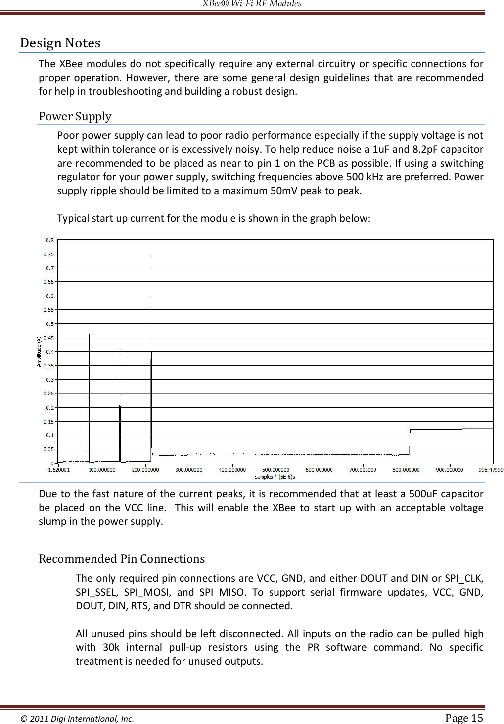 XBee® Wi-Fi RF Modules  © 2011 Digi International, Inc.   Page 15  Design Notes The XBee modules  do not specifically require any external circuitry or specific connections for proper operation.  However,  there  are  some  general design  guidelines that  are recommended for help in troubleshooting and building a robust design. Power Supply Poor power supply can lead to poor radio performance especially if the supply voltage is not kept within tolerance or is excessively noisy. To help reduce noise a 1uF and 8.2pF capacitor are recommended to be placed as near to pin 1 on the PCB as possible. If using a switching regulator for your power supply, switching frequencies above 500 kHz are preferred. Power supply ripple should be limited to a maximum 50mV peak to peak.  Typical start up current for the module is shown in the graph below:    Due to the fast nature of the current peaks, it is recommended that at least a 500uF capacitor be  placed  on  the  VCC  line.    This  will  enable  the  XBee  to  start  up  with  an  acceptable  voltage slump in the power supply.  Recommended Pin Connections The only required pin connections are VCC, GND, and either DOUT and DIN or SPI_CLK, SPI_SSEL,  SPI_MOSI,  and  SPI  MISO.  To  support  serial  firmware  updates,  VCC,  GND, DOUT, DIN, RTS, and DTR should be connected.   All unused pins should be left disconnected. All inputs on the radio can be pulled high with  30k  internal  pull-up  resistors  using  the  PR  software  command.  No  specific treatment is needed for unused outputs.   