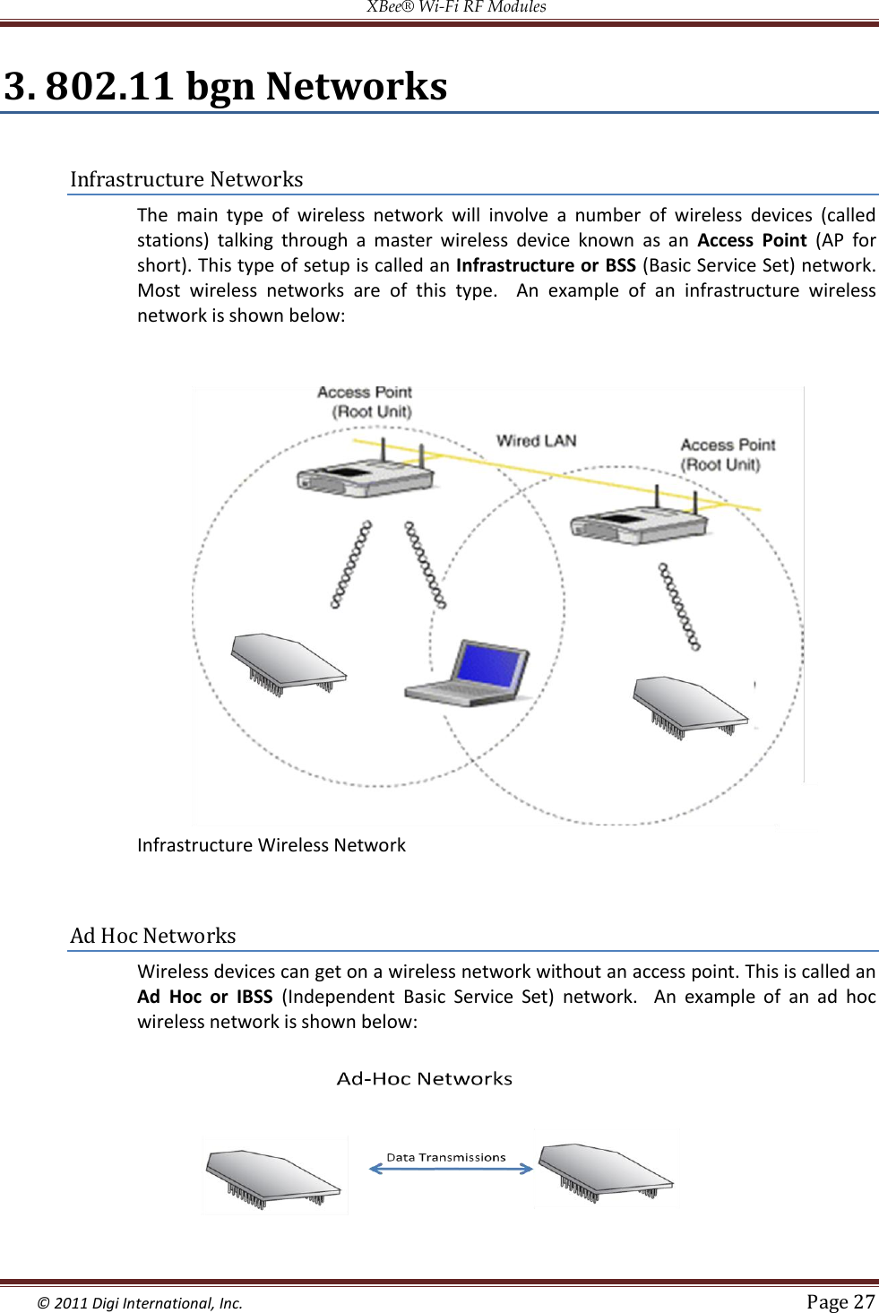 XBee® Wi-Fi RF Modules  © 2011 Digi International, Inc.   Page 27  3. 802.11 bgn Networks  Infrastructure Networks The  main  type  of  wireless  network  will  involve  a  number  of  wireless  devices  (called stations)  talking  through  a  master  wireless  device  known  as  an  Access  Point  (AP  for short). This type of setup is called an Infrastructure or BSS (Basic Service Set) network. Most  wireless  networks  are  of  this  type.  An  example  of  an  infrastructure  wireless network is shown below:                                      Infrastructure Wireless Network  Ad Hoc Networks Wireless devices can get on a wireless network without an access point. This is called an Ad  Hoc  or  IBSS  (Independent  Basic  Service  Set) network.    An  example  of  an  ad  hoc wireless network is shown below:                                        