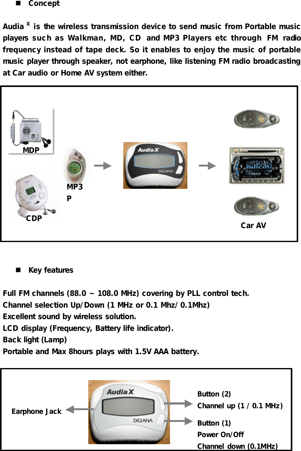  2   n Concept  Audia X is the wireless transmission device to send music from Portable music players such as Walkman, MD, CD and MP3 Players etc through FM radio frequency instead of tape deck. So it enables to enjoy the music of portable music player through speaker, not earphone, like listening FM radio broadcasting at Car audio or Home AV system either.                 n Key features  Full FM channels (88.0 ~ 108.0 MHz) covering by PLL control tech. Channel selection Up/Down (1 MHz or 0.1 Mhz/ 0.1Mhz) Excellent sound by wireless solution.   LCD display (Frequency, Battery life indicator). Back light (Lamp) Portable and Max 8hours plays with 1.5V AAA battery.        MDP CDP MP3P Car AV Button (2) Channel up (1 / 0.1 MHz) Button (1) Power On/Off Channel down (0.1MHz) Earphone Jack 