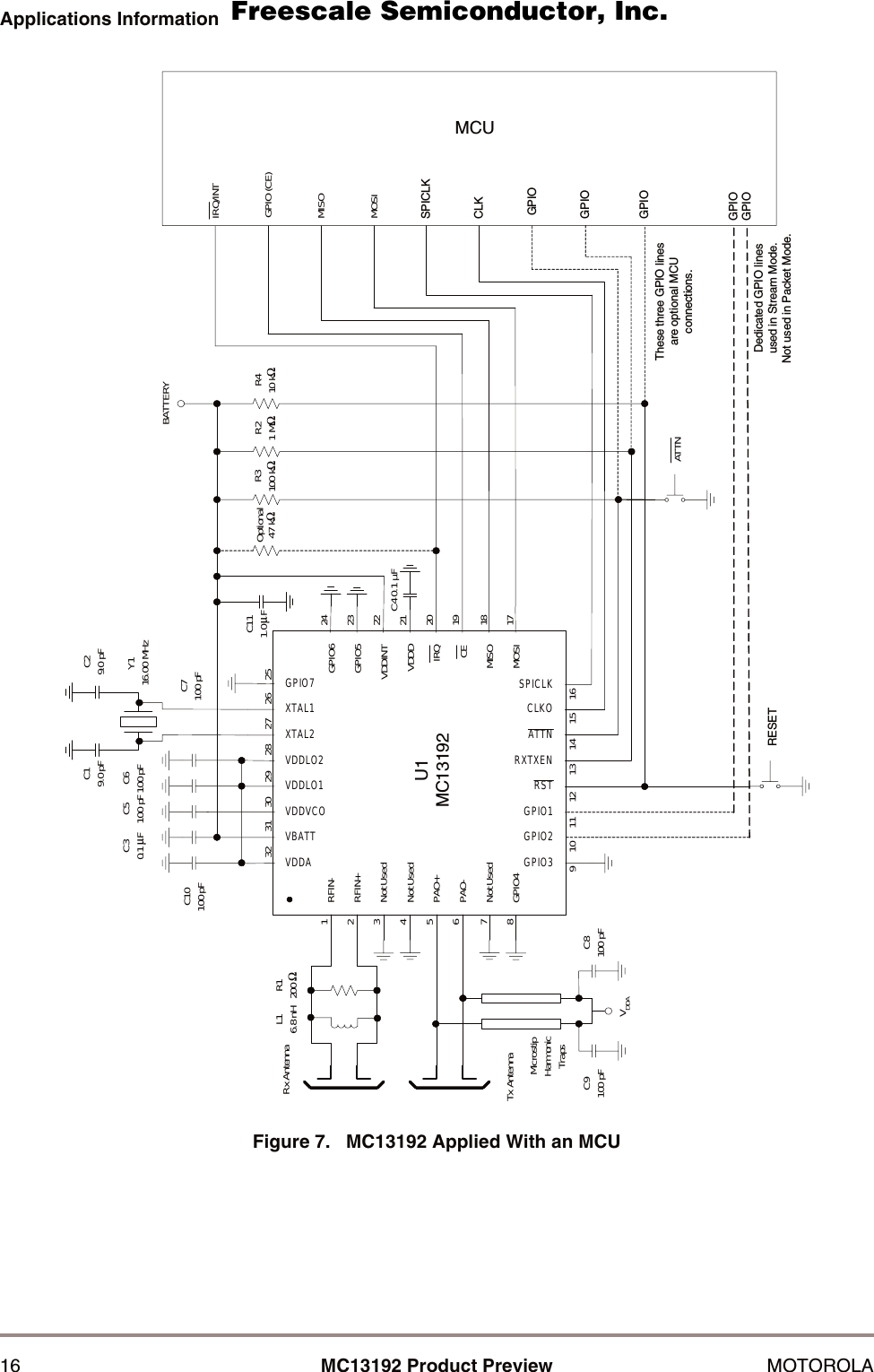 16 MC13192 Product Preview MOTOROLAApplications InformationFigure 7.   MC13192 Applied With an MCURFIN-RFIN+PAO+PAO-GPIO4GPIO3GPIO2GPIO1RSTRXTXENATTNCLKOSPICLKMOSIMISOCEIRQVDDDVDDINTGPIO5GPIO6XTAL1XTAL2VDDLO2VDDLO1VDDVCOVBATTVDDAGPIO7R1200 ΩC19.0 pF C29.0 pFC30.1 &micro;FC10100 pFC5100 pF C6100 pFC7100 pFC4 0.1 &micro;FIRQ/INTGPIO (CE)MISOMOSISPICLKCLKGPIOGPIORESETU1MC13192MCUTx AntennaRx AntennaVDDANot UsedNot UsedNot Used12345678242322212019181791011121314151632 31 30 29 28 27 26 25C111.0 &micro;FBATTERYY116.00 MHzOptional47 kΩR3100 kΩR21 MΩR410 kΩGPIOL16.8 nHMicrostipHarmonicTrapsC9100 pF C8100 pFATTNThese three GPIO linesare optional MCUconnections.GPIOGPIODedicated GPIO linesused in Stream Mode.Not used in Packet Mode.      Freescale Semiconductor, I                                               Freescale Semiconductor, Inc.  nc...