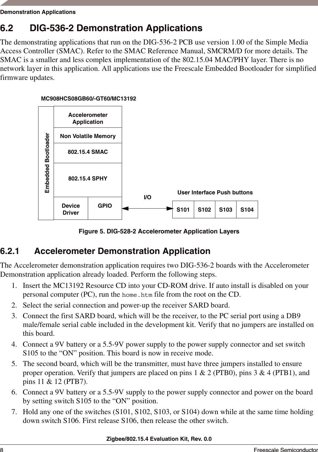 Zigbee/802.15.4 Evaluation Kit, Rev. 0.08Freescale Semiconductor Demonstration Applications6.2 DIG-536-2 Demonstration ApplicationsThe demonstrating applications that run on the DIG-536-2 PCB use version 1.00 of the Simple Media Access Controller (SMAC). Refer to the SMAC Reference Manual, SMCRM/D for more details. The SMAC is a smaller and less complex implementation of the 802.15.04 MAC/PHY layer. There is no network layer in this application. All applications use the Freescale Embedded Bootloader for simplified firmware updates.Figure 5. DIG-528-2 Accelerometer Application Layers6.2.1 Accelerometer Demonstration ApplicationThe Accelerometer demonstration application requires two DIG-536-2 boards with the Accelerometer Demonstration application already loaded. Perform the following steps.1. Insert the MC13192 Resource CD into your CD-ROM drive. If auto install is disabled on your personal computer (PC), run the home.htm file from the root on the CD.2. Select the serial connection and power-up the receiver SARD board.3. Connect the first SARD board, which will be the receiver, to the PC serial port using a DB9 male/female serial cable included in the development kit. Verify that no jumpers are installed on this board. 4. Connect a 9V battery or a 5.5-9V power supply to the power supply connector and set switch S105 to the &ldquo;ON&rdquo; position. This board is now in receive mode.5. The second board, which will be the transmitter, must have three jumpers installed to ensure proper operation. Verify that jumpers are placed on pins 1 &amp; 2 (PTB0), pins 3 &amp; 4 (PTB1), and pins 11 &amp; 12 (PTB7). 6. Connect a 9V battery or a 5.5-9V supply to the power supply connector and power on the board by setting switch S105 to the &ldquo;ON&rdquo; position.7. Hold any one of the switches (S101, S102, S103, or S104) down while at the same time holding down switch S106. First release S106, then release the other switch.AccelerometerApplicationNon Volatile Memory802.15.4 SPHYDevice DriverGPIOEmbedded Bootloader802.15.4 SMACMC908HCS08GB60/-GT60/MC13192S101I/OS102 S103 S104User Interface Push buttons