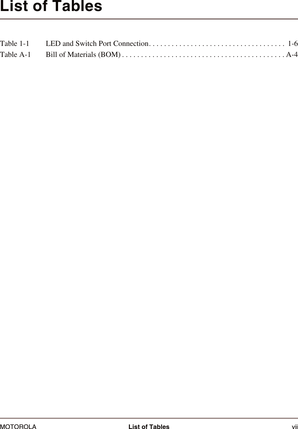 MOTOROLA List of Tables viiList of TablesTable 1-1 LED and Switch Port Connection. . . . . . . . . . . . . . . . . . . . . . . . . . . . . . . . . . . .  1-6Table A-1 Bill of Materials (BOM) . . . . . . . . . . . . . . . . . . . . . . . . . . . . . . . . . . . . . . . . . . . A-4