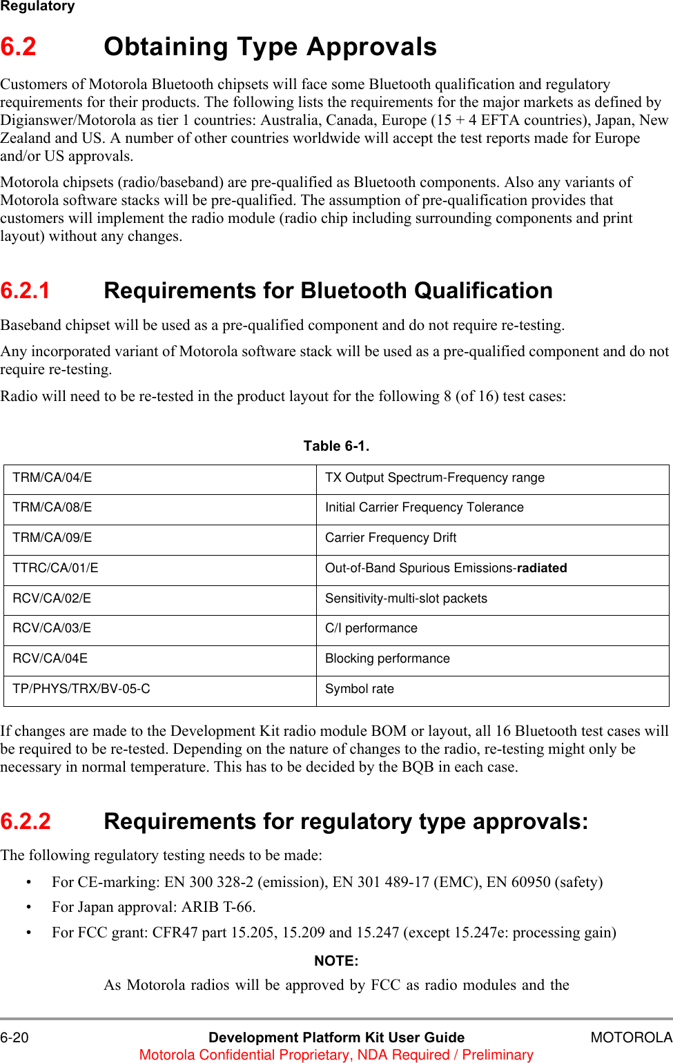 6-20 Development Platform Kit User Guide MOTOROLAMotorola Confidential Proprietary, NDA Required / PreliminaryRegulatory6.2 Obtaining Type ApprovalsCustomers of Motorola Bluetooth chipsets will face some Bluetooth qualification and regulatory requirements for their products. The following lists the requirements for the major markets as defined by Digianswer/Motorola as tier 1 countries: Australia, Canada, Europe (15 + 4 EFTA countries), Japan, New Zealand and US. A number of other countries worldwide will accept the test reports made for Europe and/or US approvals.Motorola chipsets (radio/baseband) are pre-qualified as Bluetooth components. Also any variants of Motorola software stacks will be pre-qualified. The assumption of pre-qualification provides that customers will implement the radio module (radio chip including surrounding components and print layout) without any changes.6.2.1 Requirements for Bluetooth QualificationBaseband chipset will be used as a pre-qualified component and do not require re-testing.Any incorporated variant of Motorola software stack will be used as a pre-qualified component and do not require re-testing.Radio will need to be re-tested in the product layout for the following 8 (of 16) test cases:If changes are made to the Development Kit radio module BOM or layout, all 16 Bluetooth test cases will be required to be re-tested. Depending on the nature of changes to the radio, re-testing might only be necessary in normal temperature. This has to be decided by the BQB in each case.6.2.2 Requirements for regulatory type approvals:The following regulatory testing needs to be made:&bull; For CE-marking: EN 300 328-2 (emission), EN 301 489-17 (EMC), EN 60950 (safety)&bull; For Japan approval: ARIB T-66.&bull; For FCC grant: CFR47 part 15.205, 15.209 and 15.247 (except 15.247e: processing gain)NOTE:As Motorola radios will be approved by FCC as radio modules and theTable 6-1.   TRM/CA/04/E TX Output Spectrum-Frequency rangeTRM/CA/08/E Initial Carrier Frequency ToleranceTRM/CA/09/E Carrier Frequency DriftTTRC/CA/01/E Out-of-Band Spurious Emissions-radiatedRCV/CA/02/E Sensitivity-multi-slot packetsRCV/CA/03/E C/I performanceRCV/CA/04E Blocking performanceTP/PHYS/TRX/BV-05-C Symbol rate