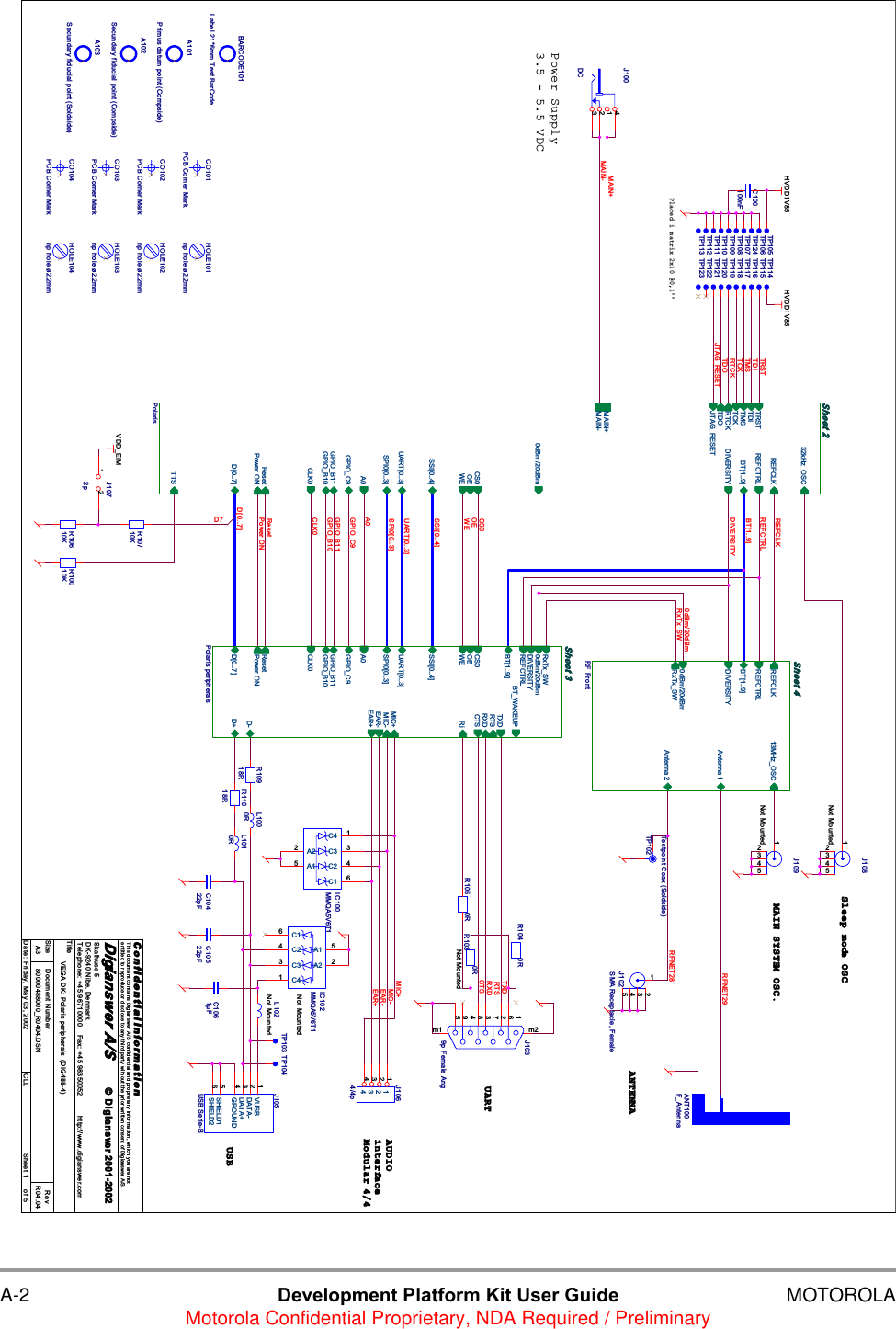 A-2 Development Platform Kit User Guide MOTOROLAMotorola Confidential Proprietary, NDA Required / PreliminaryRTSTXDRXDCTSRFNET28RxTx_SW0dBm/20dBmMIC-EAR-MIC+EAR+D[0..7]GPIO_B11RTCKWETDIA0GPIO_B10D7TMSMAIN-TRSTTDOGPIO_C9SPI0[0..3]SSI[0..4]JTAG_RESETREFCLKPower ONBT[1..9]TCKUART[0..3]CS0CLK0OEResetREFCTRLMAIN+DIVERSITYRFNET29VDD_EIMHVDD1V85HVDD1V85TitleSize Document Number RevDate: Sheet ofC o n f i d e n t i a l  I n f o r m a ti o nThis document contains Digianswer A/S confidential and proprietary information, which you are notentitled to reproduce or disclose to any third party without the prior written consent of Digianswer A/S.&copy; Digianswer80000488000_R0404.DSN R04.04VEGA DK: Polaris peripherals  (DIG488-4)Digianswer A/SSkalhuse 5DK-9240 Nibe, DenmarkTelephone: +45 96710000    Fax: +45 98350052          http://www.digianswer.comA315Friday, May 03, 2002 CLL2001-2002UARTUSB3.5 - 5.5 VDCAUDIOinterfaceModular 4/4Power SupplyPlaced i matrix 2x10 @0,1''ANTENNAMAIN SYSTEM OSC.Sleep mode OSCA101Primus datum point (Compside)TP111TP114J105USB Serie-BVUSB1DATA-2DATA+3GROUND4SHIELD15SHIELD26HOLE102np hole &oslash;2.2mmCO104PCB Corner MarkTP124TP123TP120J100DC3214L102Not MountedTP103IC102MMQA5V6T1Not MountedC16A1 5C24C33A2 2C41R10918RA102Secundary fiducial point (Compside)TP115R104 0RR10610KHOLE103np hole &oslash;2.2mmJ109Not Mounted12534CO102PCB Corner MarkJ1064/4p11223344TP107TP112J1039p Female Ang594837261m1 m2TP121TP104C10522pFTP106J108Not Mounted12534TP116A103Secundary fiducial point (Soldside)Sheet 3Polaris peripheralsD[0..7]MIC+TXDCTSRXDRTSEAR+EAR-GPIO_B11GPIO_B10CLK0UART[0..3]GPIO_C9SSI[0..4]SPI0[0..3] MIC-Power ONResetA0CS0OEWEREFCTRLD-D+RxTx_SW0dBm/20dBmDIVERSITYBT[1..9]BT_WAKEUPRiTP109HOLE104np hole &oslash;2.2mmCO101PCB Corner MarkTP113TP102Testpoint Coax (Soldside)TP122C1061&micro;FTP117C10422pFL1000RR11018RCO103PCB Corner MarkR1030RNot MountedC100100nFR10010KJ1072p1 2TP118Sheet 4RF FrontBT[1..9]Antenna 1REFCLKREFCTRLAntenna 2DIVERSITYRxTx_SW0dBm/20dBm13MHz_OSCJ102SMA Receptacle, Female12534BARCODE101Label 21*6mm Test BarCodeTP110HOLE101np hole &oslash;2.2mmR10710KL1010RTP105IC100MMQA5V6T1C1 6A15C2 4C3 3A22C4 1R105 0RSheet 2PolarisTDITMSTCKTTSRTCKBT[1..9]SSI[0..4]UART[0..3]SPI0[0..3]TRSTGPIO_B11GPIO_B10GPIO_C9REFCTRLCLK0D[0..7]TDOREFCLKMAIN-MAIN+Power ONResetCS0OEWEA0DIVERSITYJTAG_RESET0dBm/20dBm32kHz_OSCTP119ANT100F_AntennaTP108
