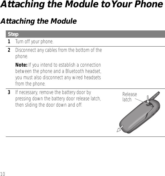 10 Attaching the Module to Your Phone Attaching the Module Step 1 Turn off your phone. 2 Disconnect any cables from the bottom of the phone. Note:  If you intend to establish a connection between the phone and a Bluetooth headset, you must also disconnect any wired headsets from the phone. 3 If necessary, remove the battery door by pressing down the battery door release latch, then sliding the door down and off.Releaselatch