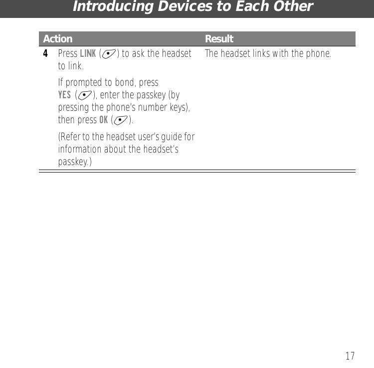 17Introducing Devices to Each Other4Press LINK (+) to ask the headset to link.If prompted to bond, pressYES (+), enter the passkey (by pressing the phone&rsquo;s number keys), then press OK (+).(Refer to the headset user&rsquo;s guide for information about the headset&rsquo;s passkey.)The headset links with the phone.Action Result