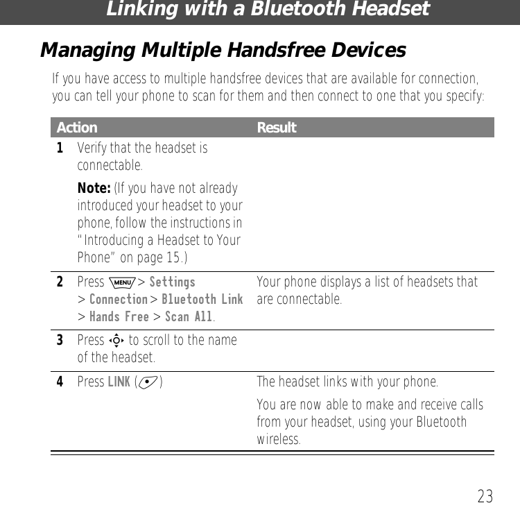 23Linking with a Bluetooth HeadsetManaging Multiple Handsfree DevicesIf you have access to multiple handsfree devices that are available for connection, you can tell your phone to scan for them and then connect to one that you specify:Action Result1Verify that the headset is connectable. Note: (If you have not already introduced your headset to your phone, follow the instructions in &ldquo;Introducing a Headset to Your Phone&rdquo; on page 15.)2Press M> Settings > Connection >  Bluetooth Link > Hands Free > Scan All.Your phone displays a list of headsets that are connectable.3Press S to scroll to the name of the headset.4Press LINK (+) The headset links with your phone.You are now able to make and receive calls from your headset, using your Bluetooth wireless.