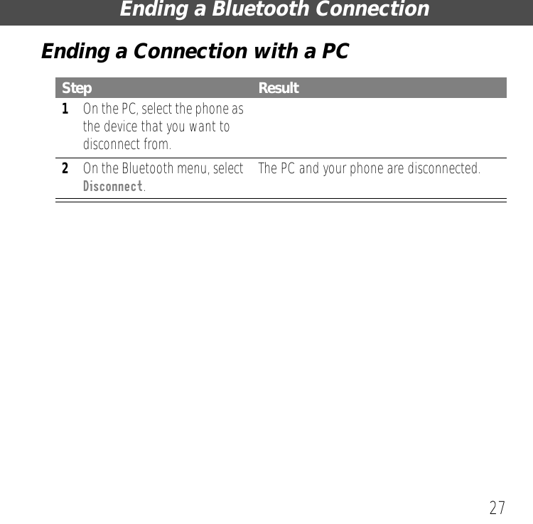 27Ending a Bluetooth ConnectionEnding a Connection with a PCStep Result1On the PC, select the phone as the device that you want to disconnect from.2On the Bluetooth menu, select Disconnect.The PC and your phone are disconnected.