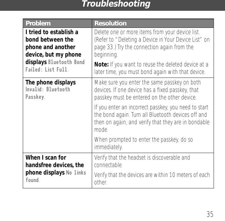 35TroubleshootingI tried to establish a bond between the phone and another device, but my phone displays Bluetooth Bond Failed: List Full.Delete one or more items from your device list. (Refer to &ldquo;Deleting a Device in Your Device List&rdquo; on page 33.) Try the connection again from the beginning.Note: If you want to reuse the deleted device at a later time, you must bond again with that device.The phone displays Invalid: Bluetooth Passkey.Make sure you enter the same passkey on both devices. If one device has a ﬁxed passkey, that passkey must be entered on the other device.If you enter an incorrect passkey, you need to start the bond again. Turn all Bluetooth devices off and then on again, and verify that they are in bondable mode. When prompted to enter the passkey, do so immediately. When I scan for handsfree devices, the phone displays No links found.Verify that the headset is discoverable and connectable.Verify that the devices are within 10 meters of each other.Problem Resolution
